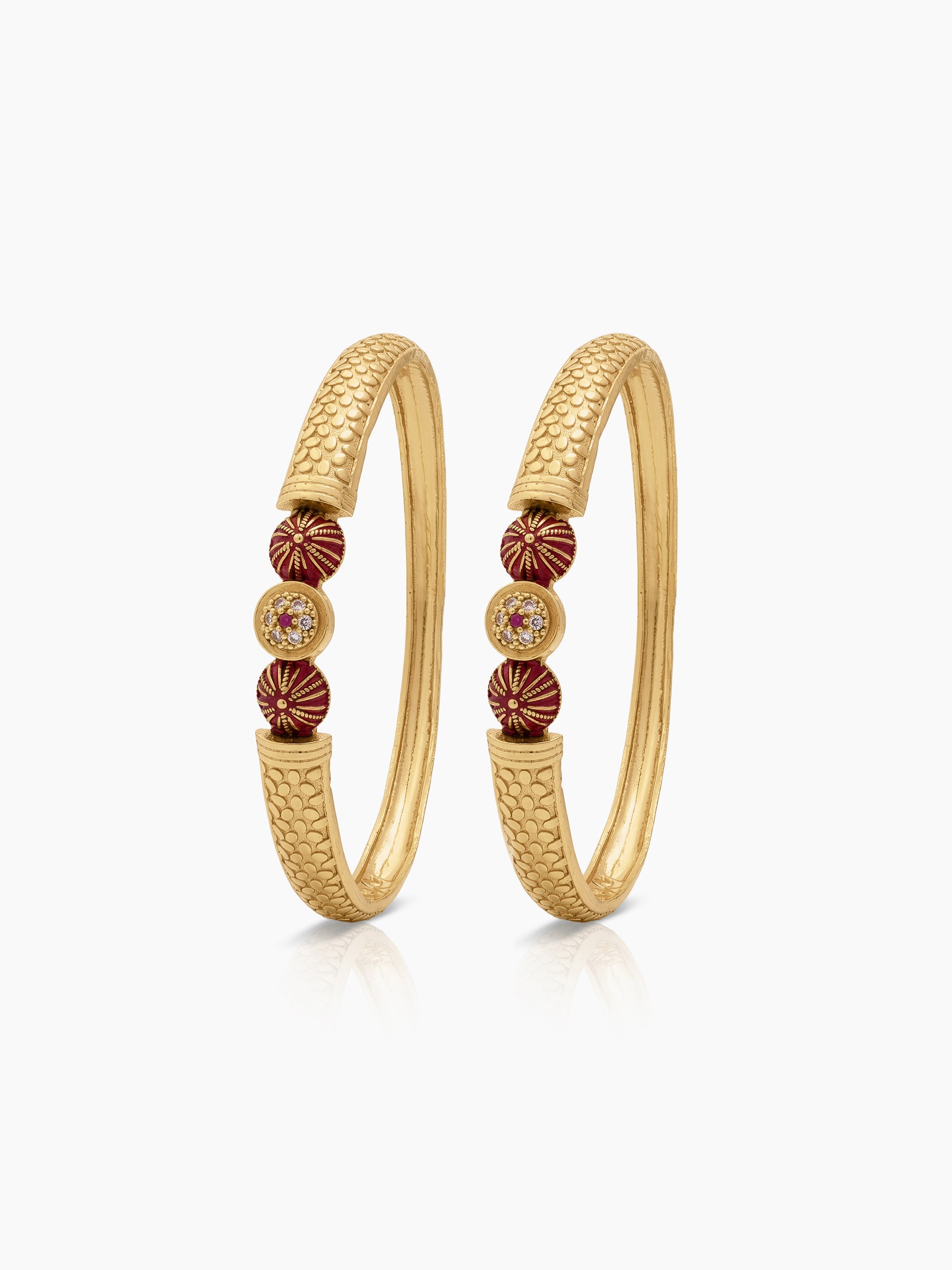 Aaruni Red Diamond Bead Gold Set Of 2 Women's 2/4, 2/6, 2/8 Bangles