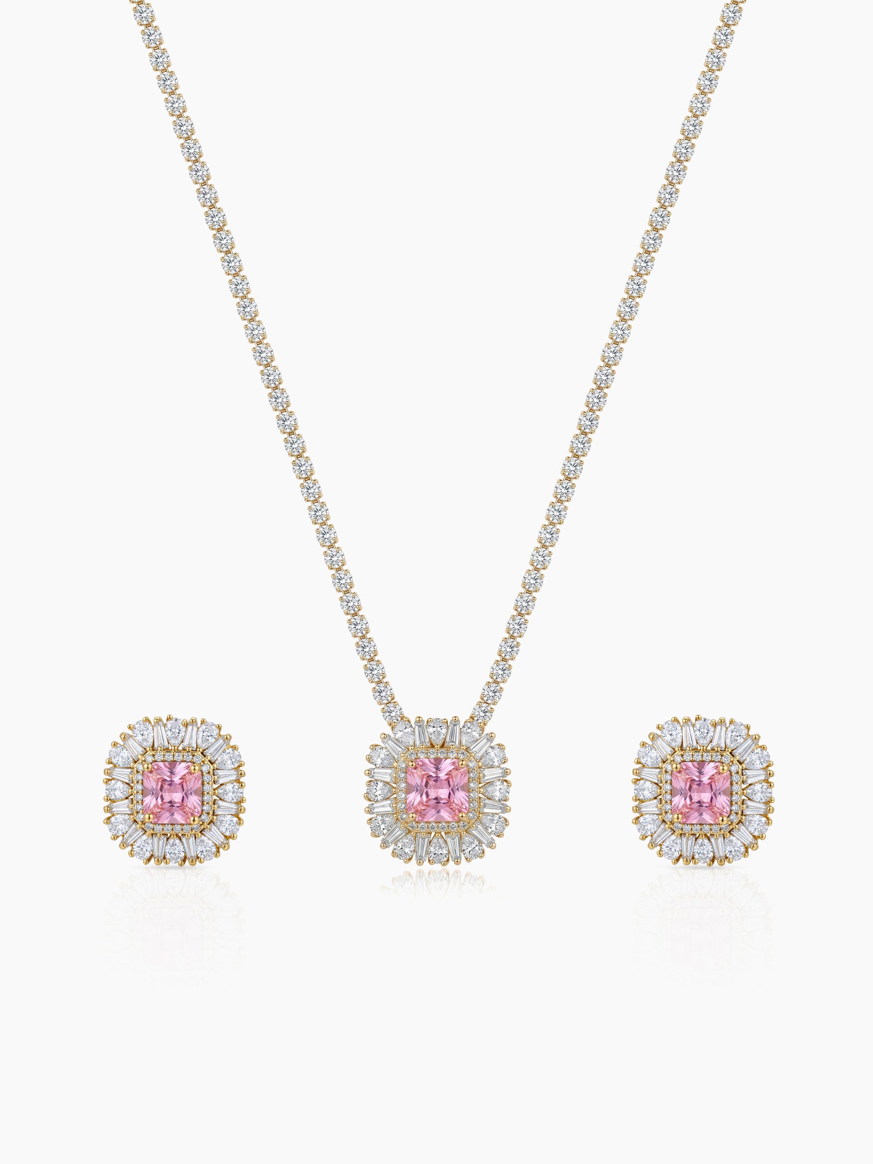 Anusha Square Baguette Diamond Pink - Gold Women's Jewelry Set Of 2 - Necklace & Earrings