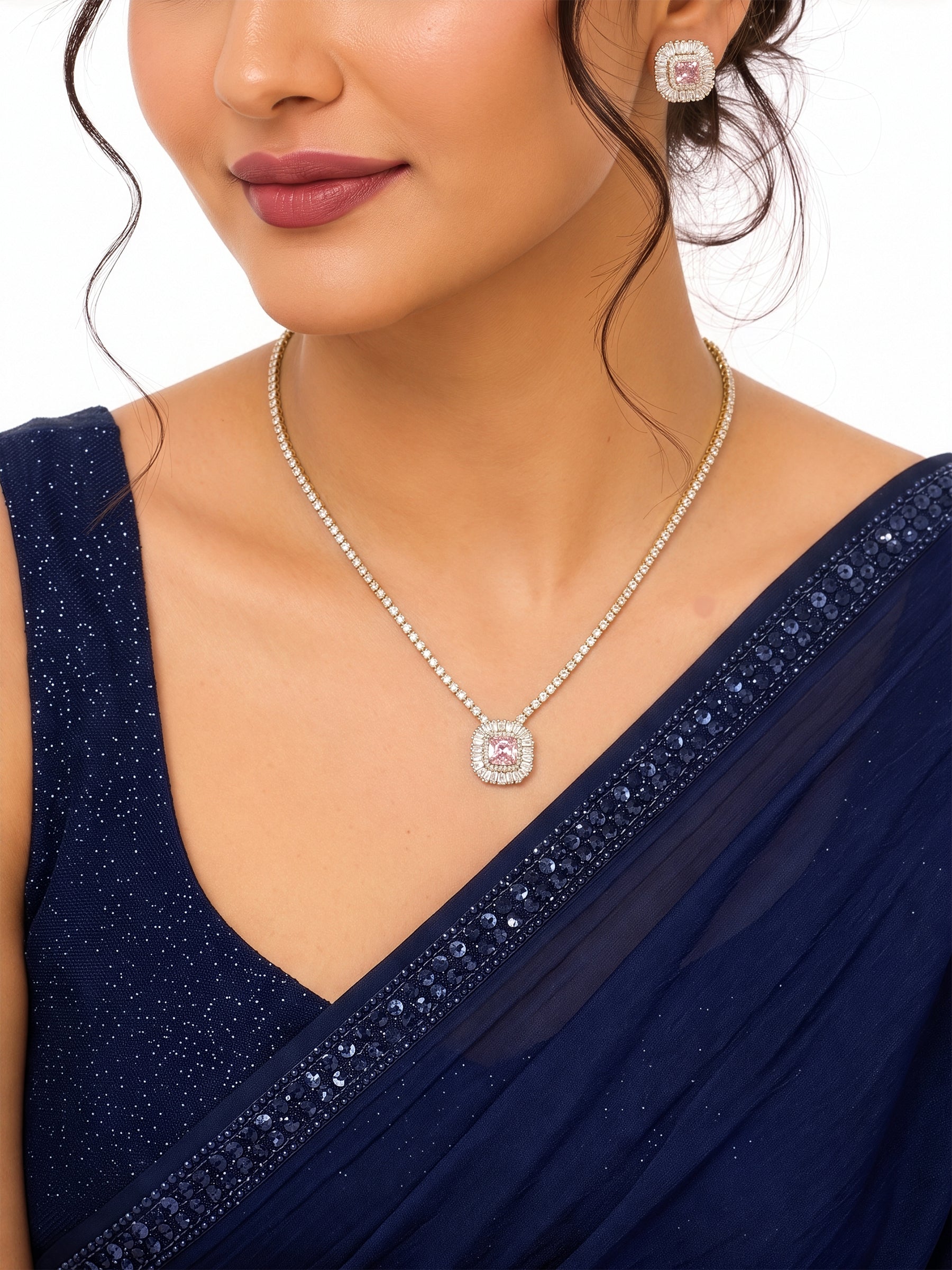 Anusha Square Baguette Diamond Pink - Gold Women's Jewelry Set Of 2 - Necklace & Earrings