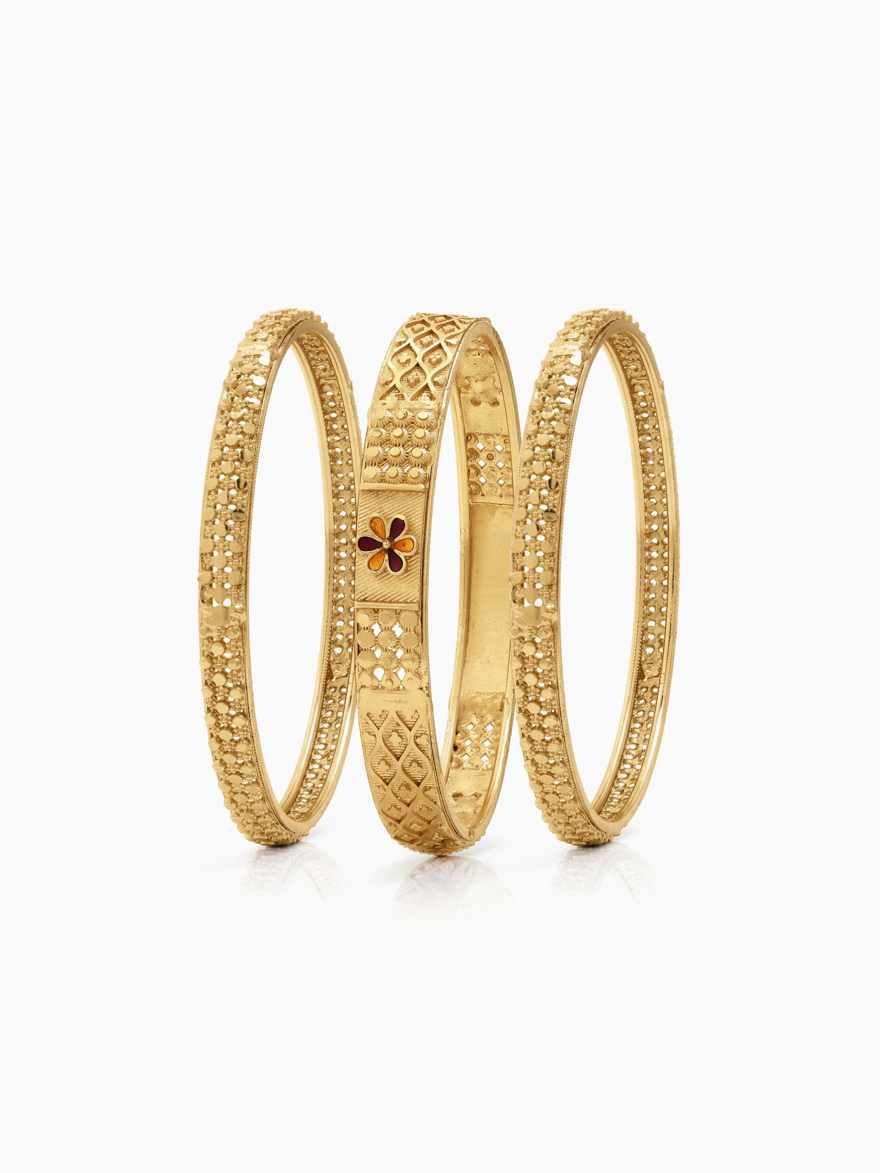 Apsara Texture, Red Flower Grid Gold Set Of 6 Women's 2/4, 2/6, 2/8 Bangles