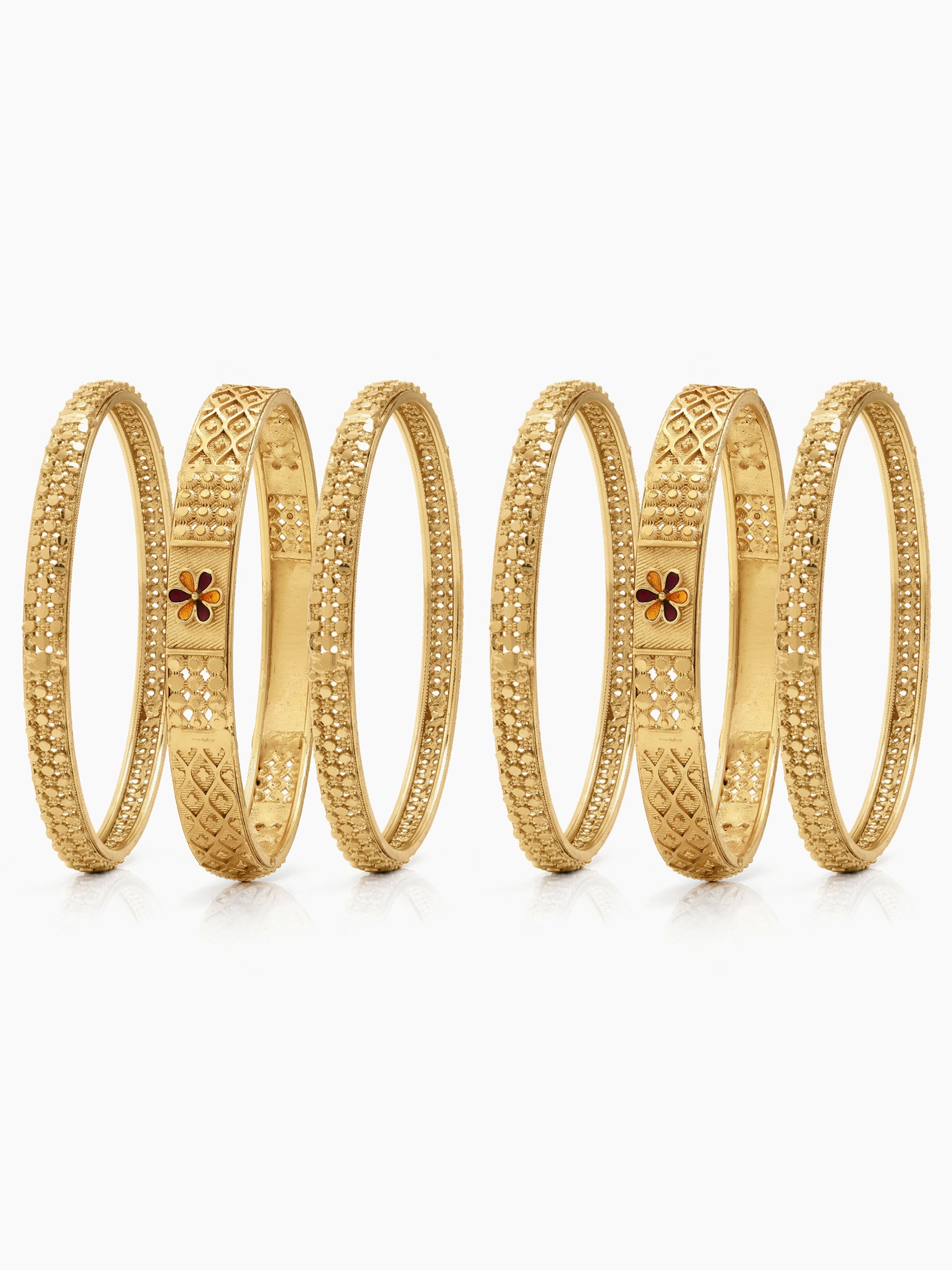 Apsara Texture, Red Flower Grid Gold Set Of 6 Women's 2/4, 2/6, 2/8 Bangles