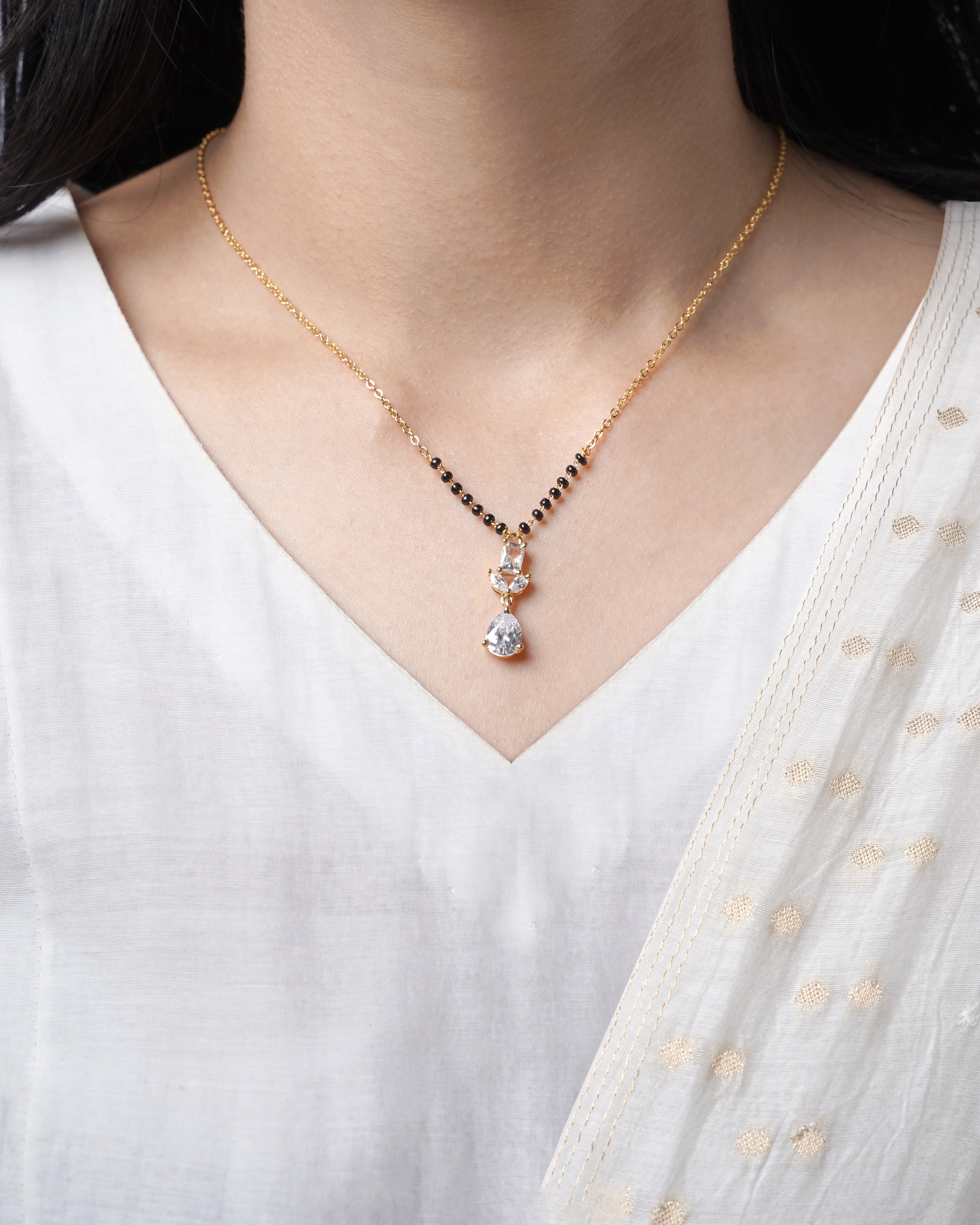 Chahel Trio CZ Stones Drop Marquise Baguette 18K Gold Plated Mangalsutra