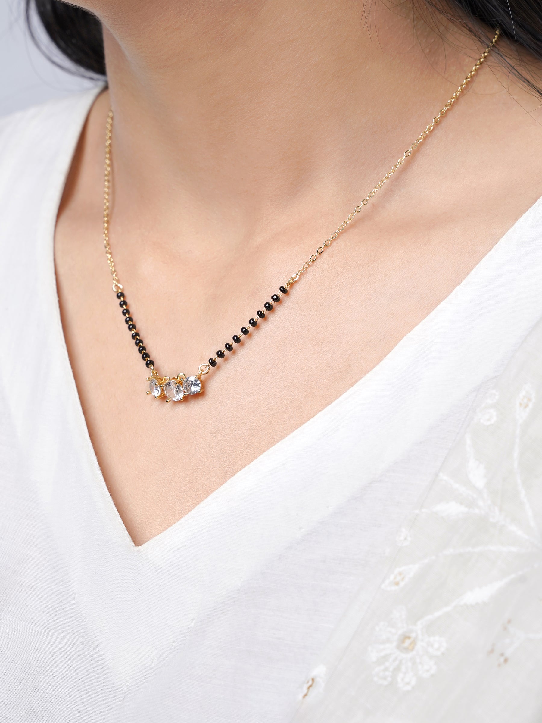 Esha Three Diamond Solitaire 14K Gold Plated Mangalsutra