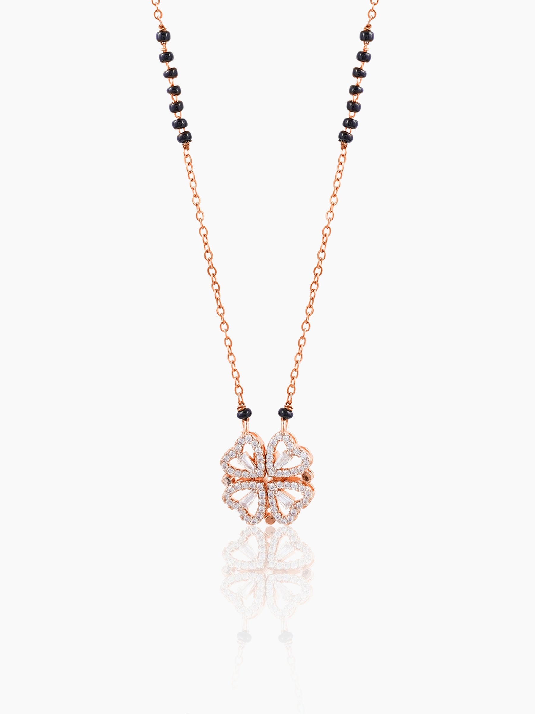 Gleaming Clover Diamond Heart Rosegold Plated Pendant Mangalsutra