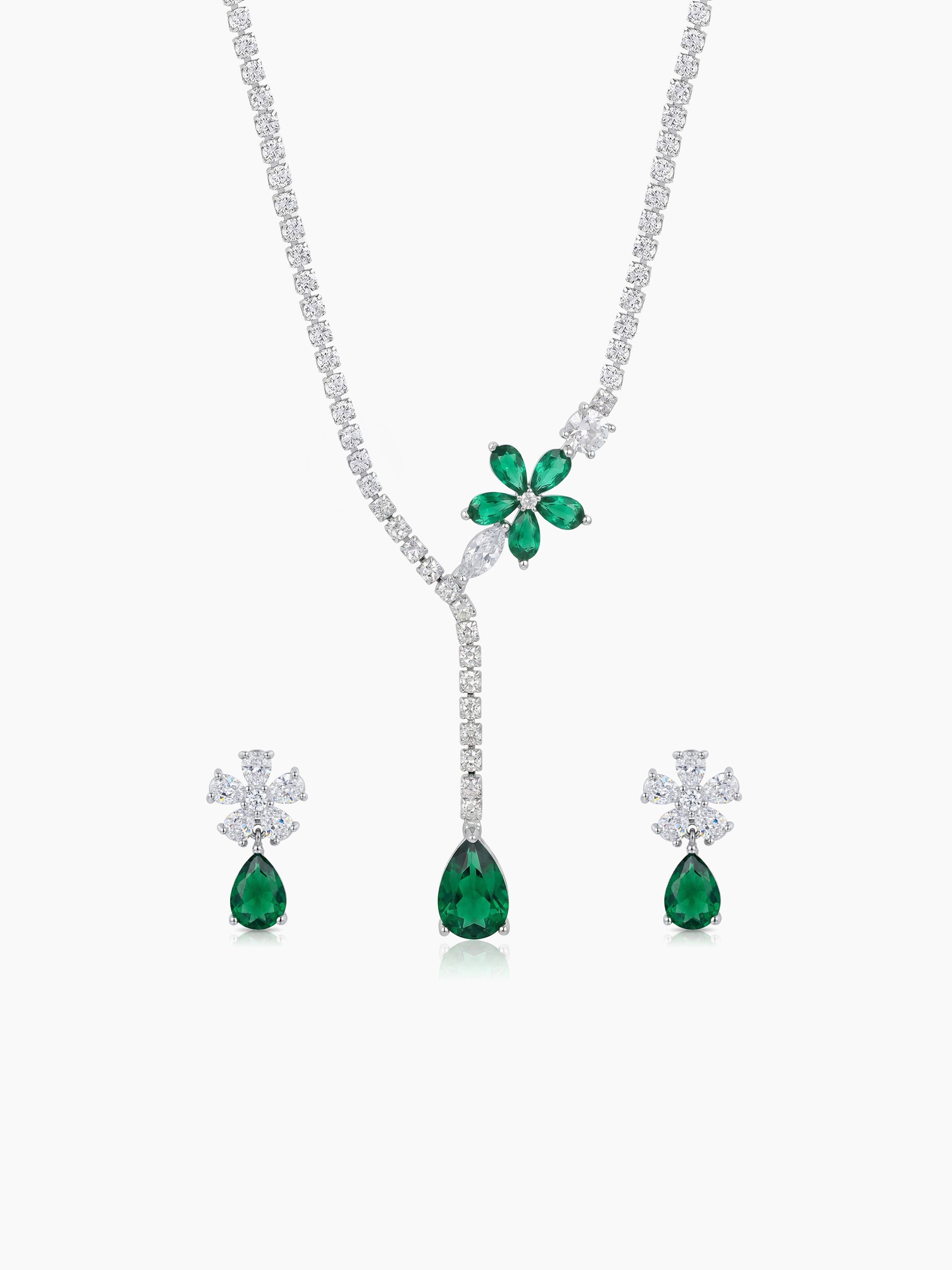 Ishita Bloom Drop Diamond Green - Silver Women's Jewelry Set Of 2 - Necklace & Earrings
