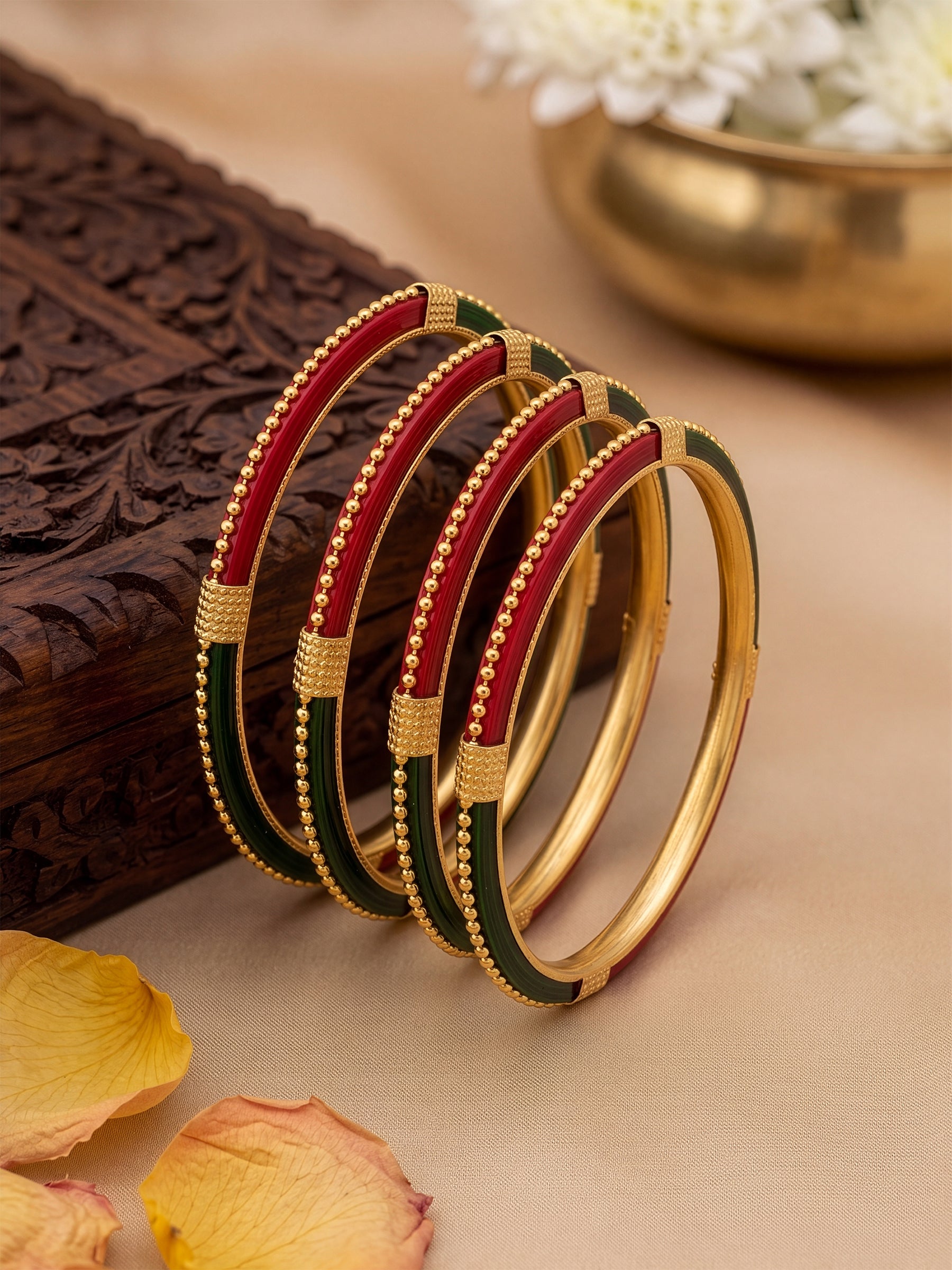 Jeevika Red-Green Multicolour Gold Set Of 4 Women's 2/4, 2/6, 2/8 Bangles