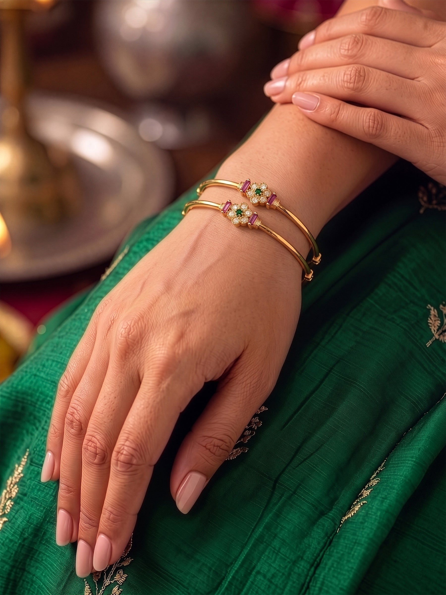 Juhi Floral Pink Diamond Gold Set Of 2 Women's 2/4, 2/6, 2/8 Bangles