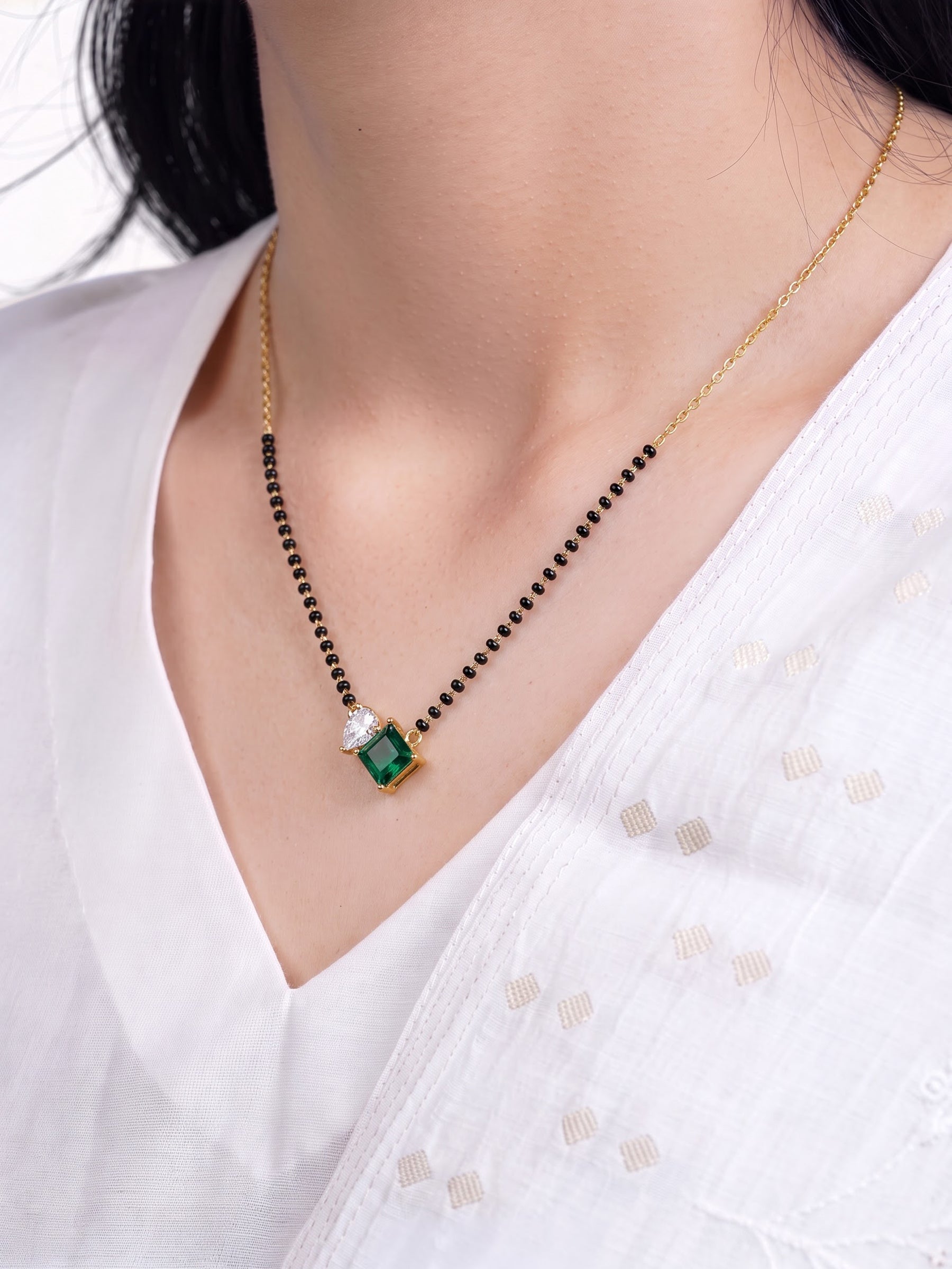 Kruti Green Emerald Stone Pear Diamond 18K Gold Plated Women's Chain Pendant Mangalsutra Necklace