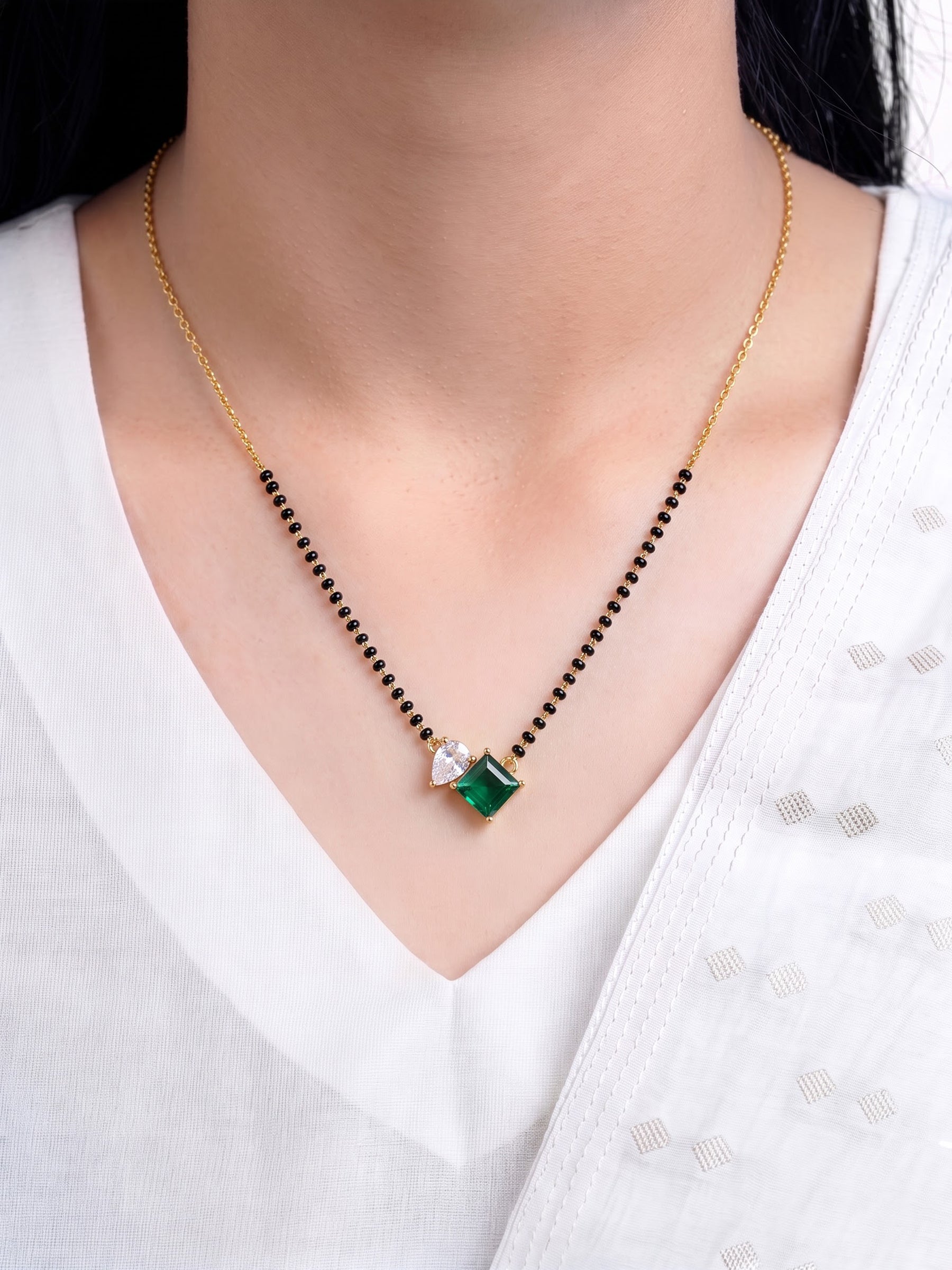 Kruti Green Emerald Stone Pear Diamond 18K Gold Plated Women's Chain Pendant Mangalsutra Necklace