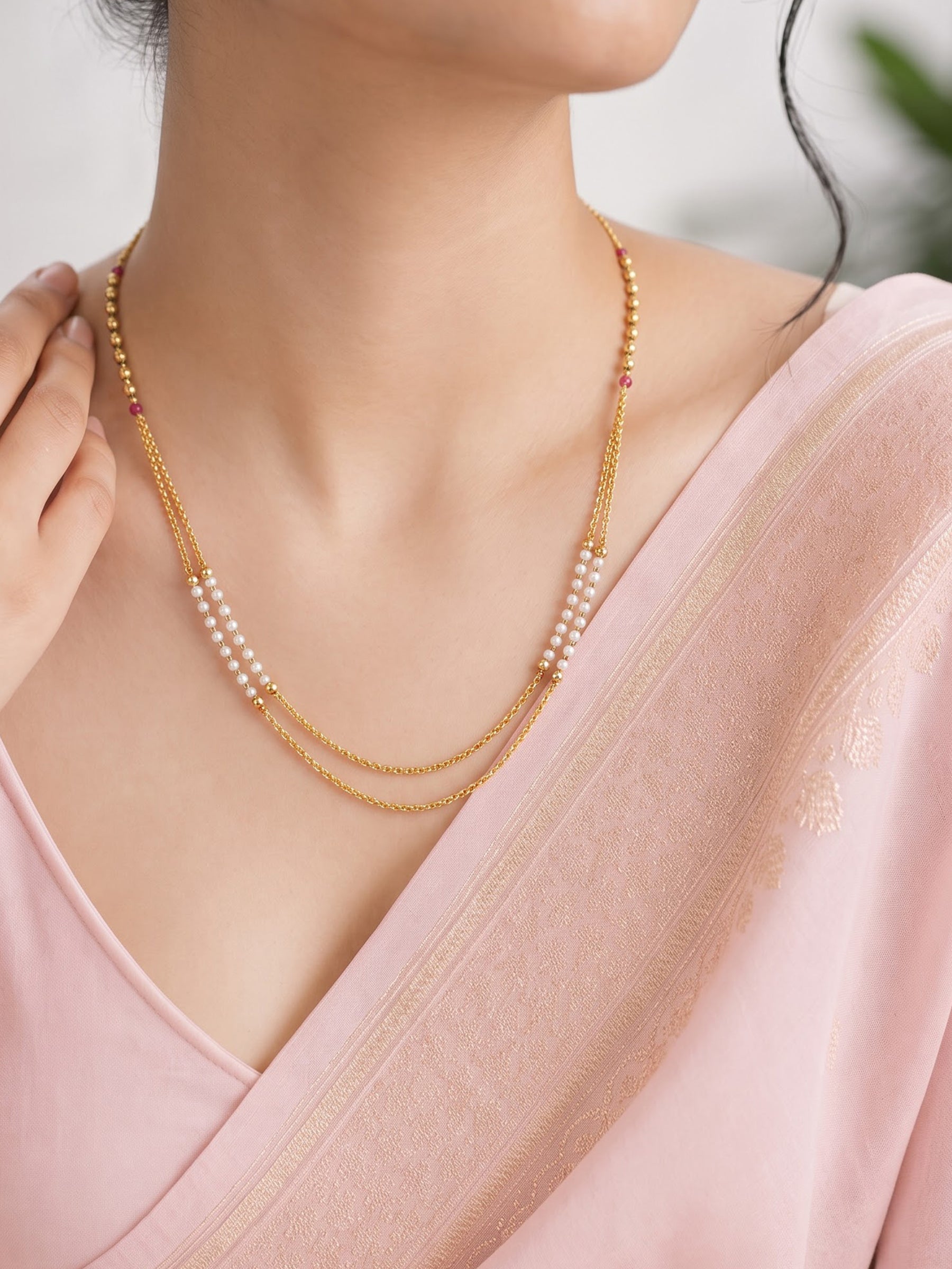 Kunti Pearl Beaded Gold Women's Layered Chain