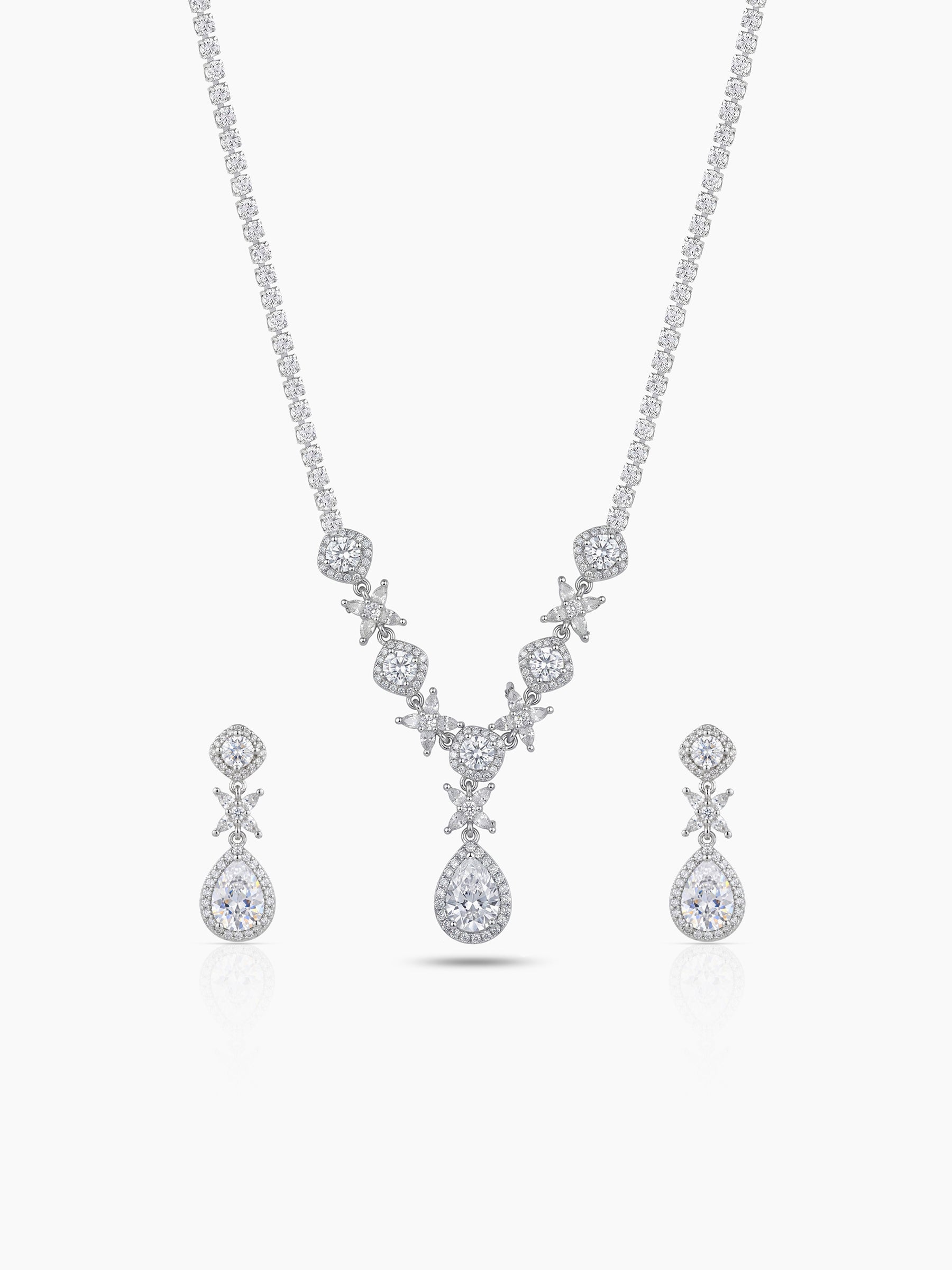 Maina Pear Diamond Solitaire Charm Silver Women's Jewelry Set Of 2 - Necklace & Earrings