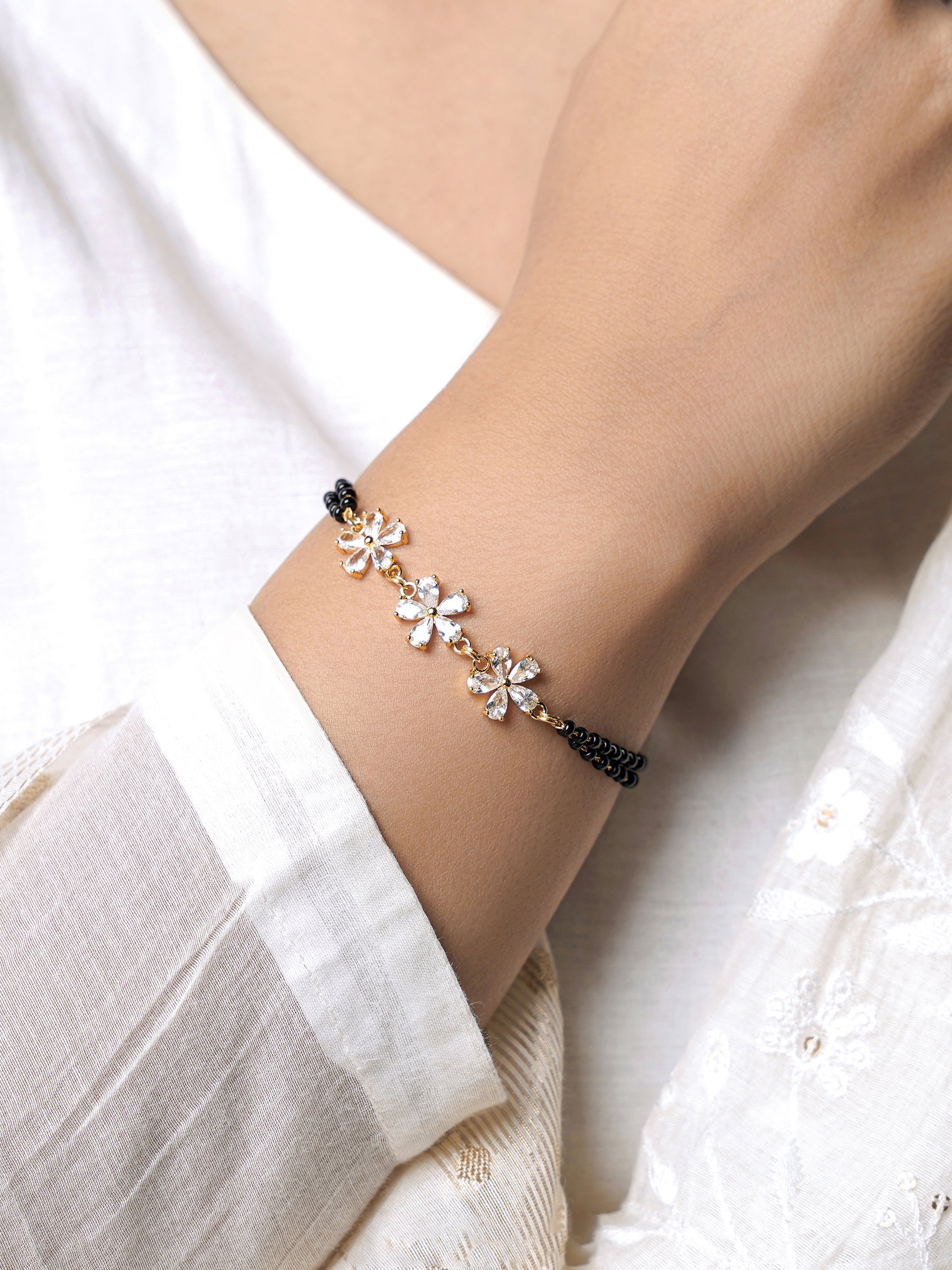 Meher Trio Flower Diamond Chamrs 18K Gold Plated Mangalsutra Bracelet