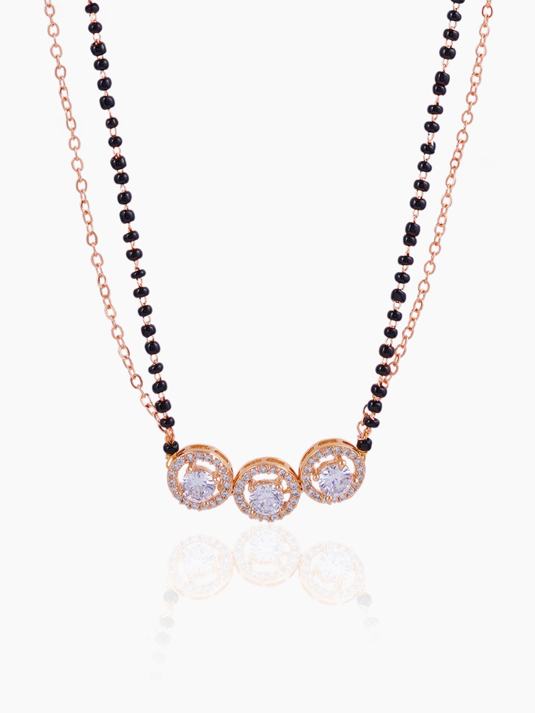 Pihu Three Round CZ Stones Layered Rosegold Plated Mangalsutra