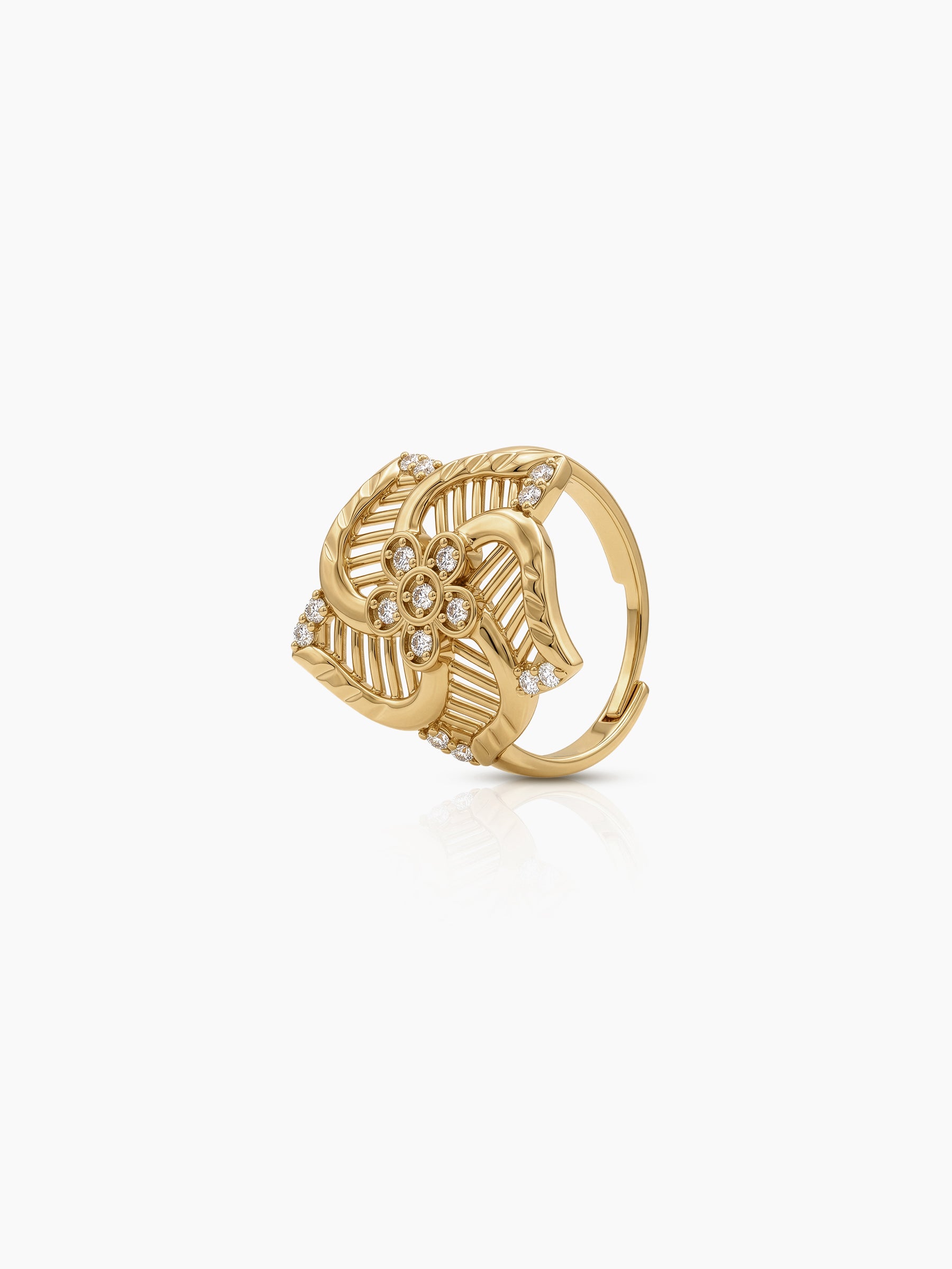 Pooja Floral Leaf Arc Diamond Gold Women's Rings