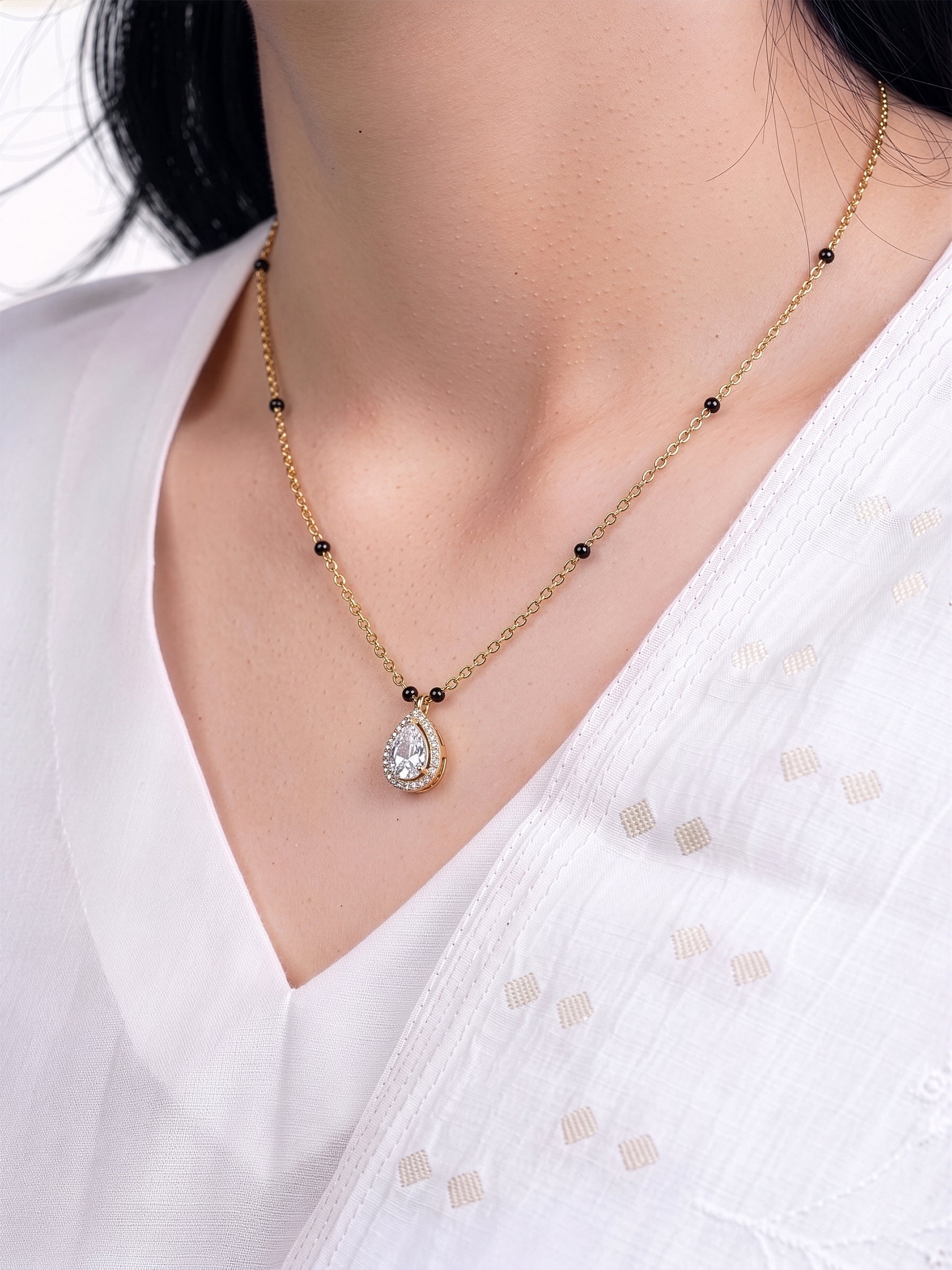 Pranali Pear Drop Diamond Solitaire 18K Gold Plated Women's Chain Pendant Mangalsutra Necklace