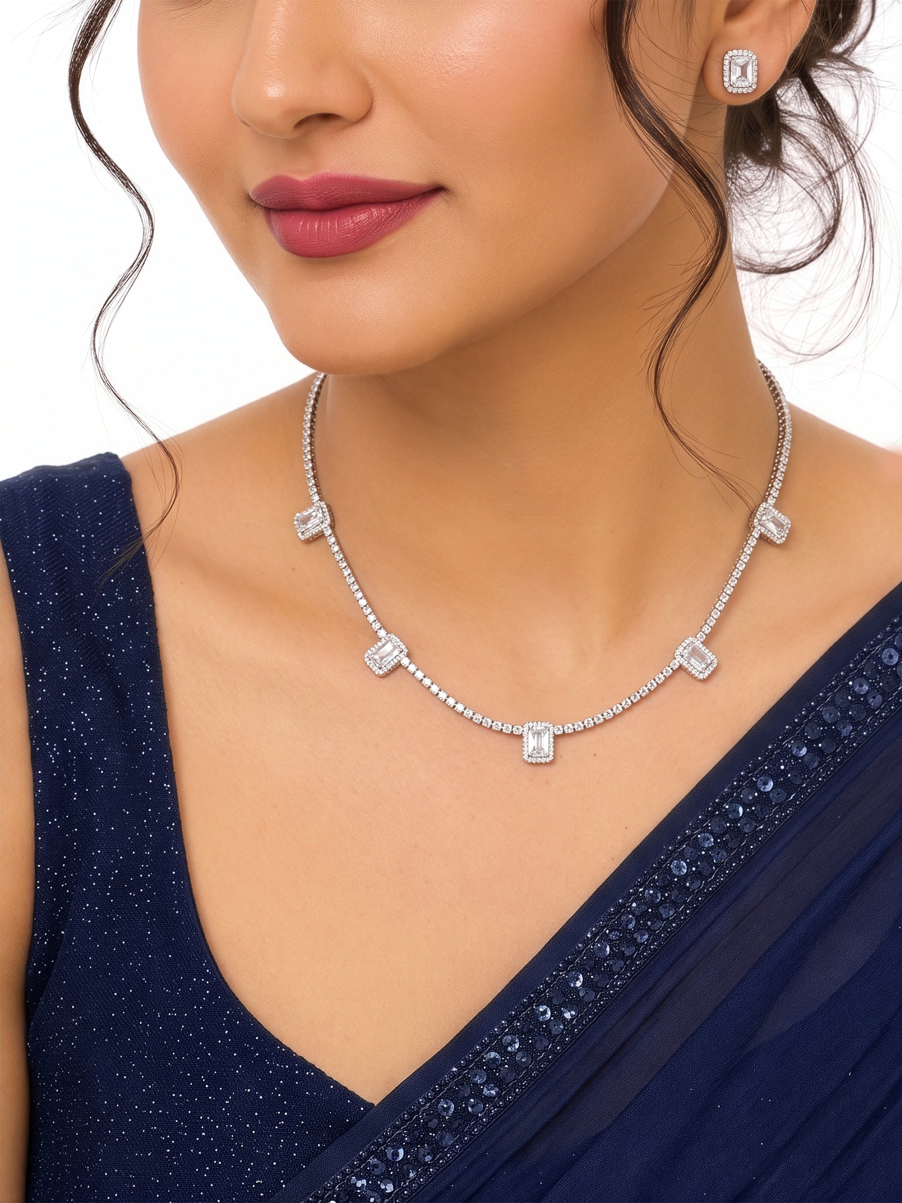 Rashmi Diamond Solitaire Halo Silver Women's Jewelry Set Of 2 - Necklace & Earrings