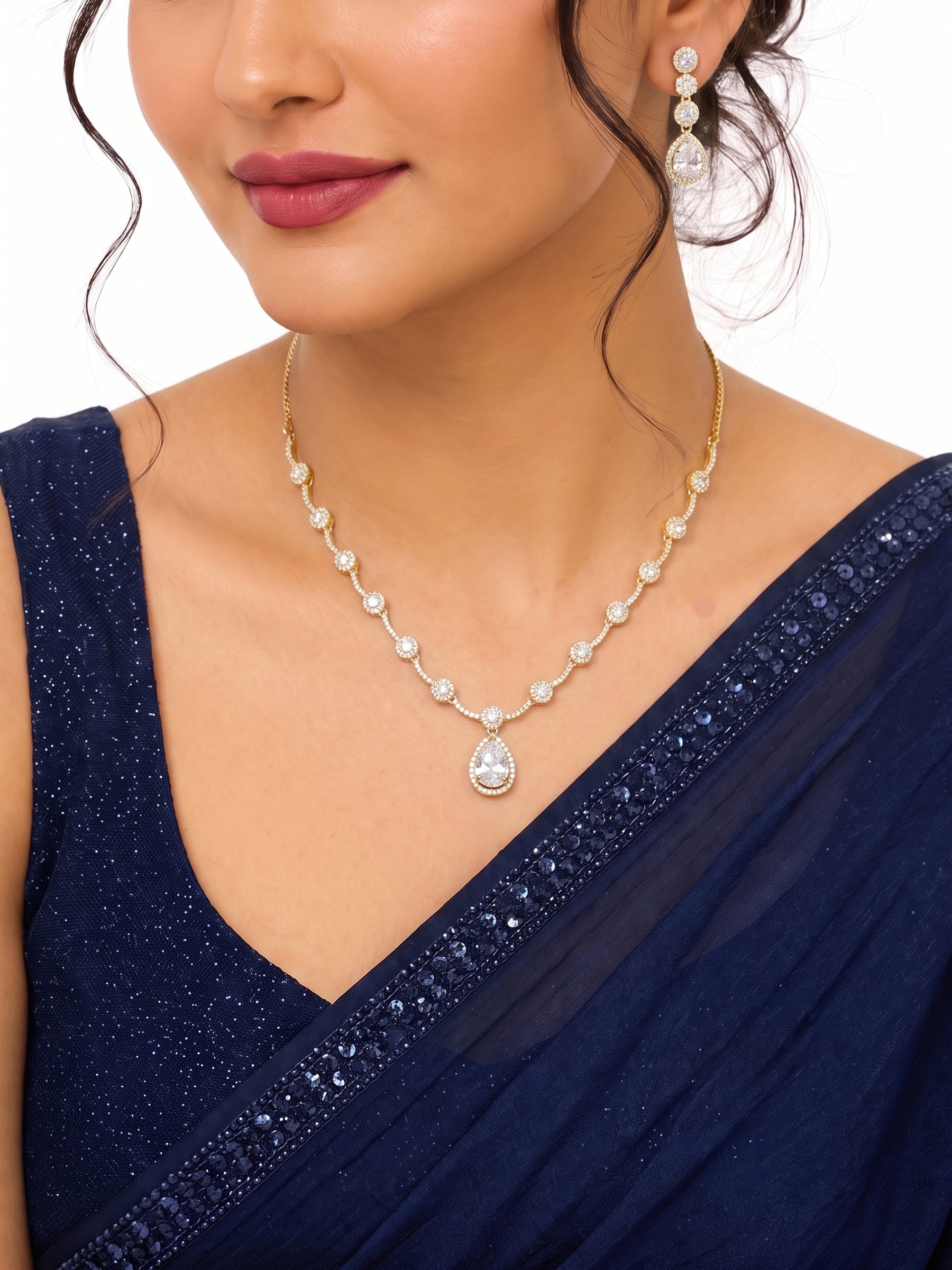 Revti Teardrop Pear Solitaire Diamond Gold Women's Jewelry Set Of 2 - Necklace & Earrings
