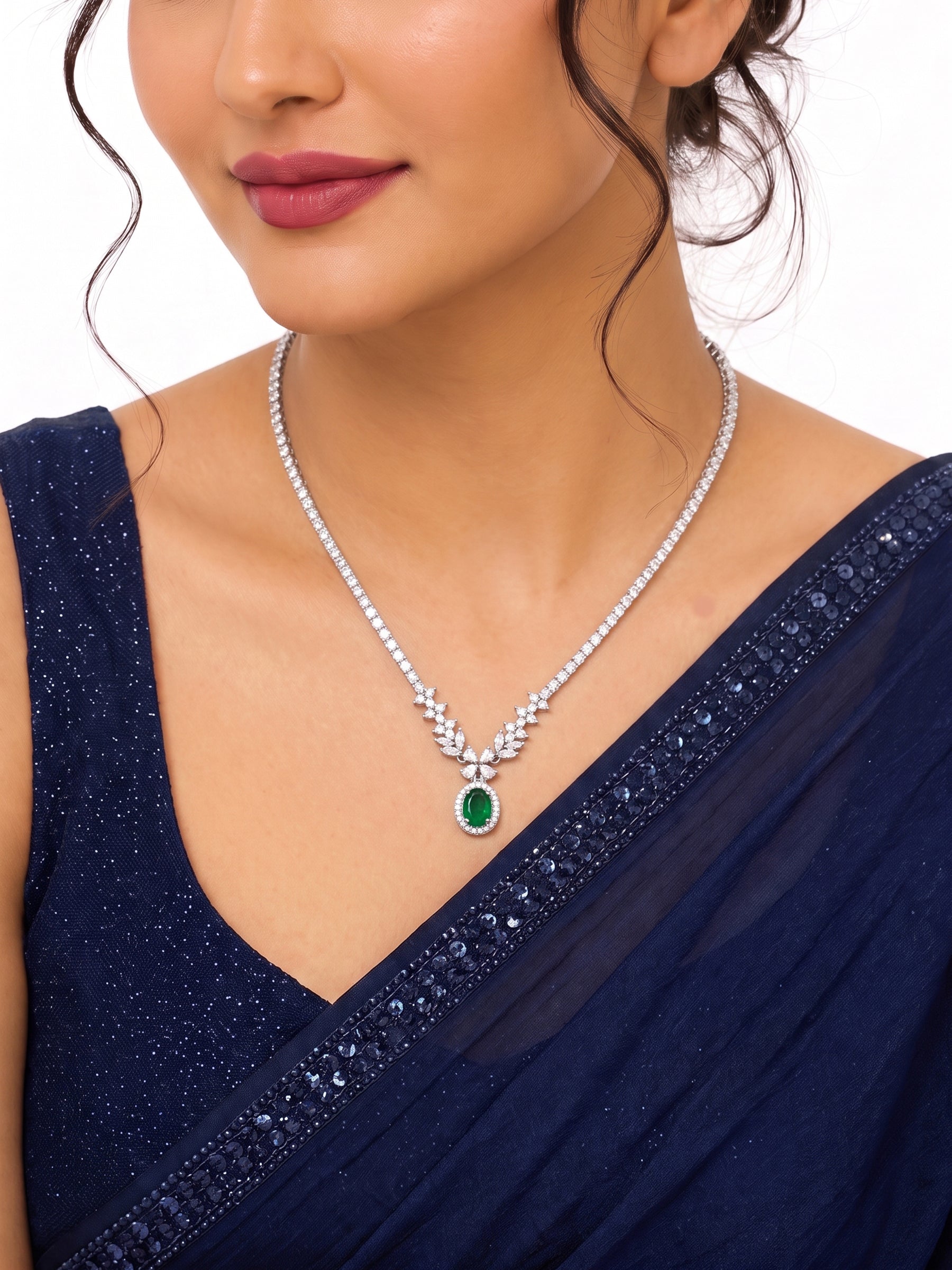 Ritika Green Emerald Floral Silver Women's Chain Pendant Necklace