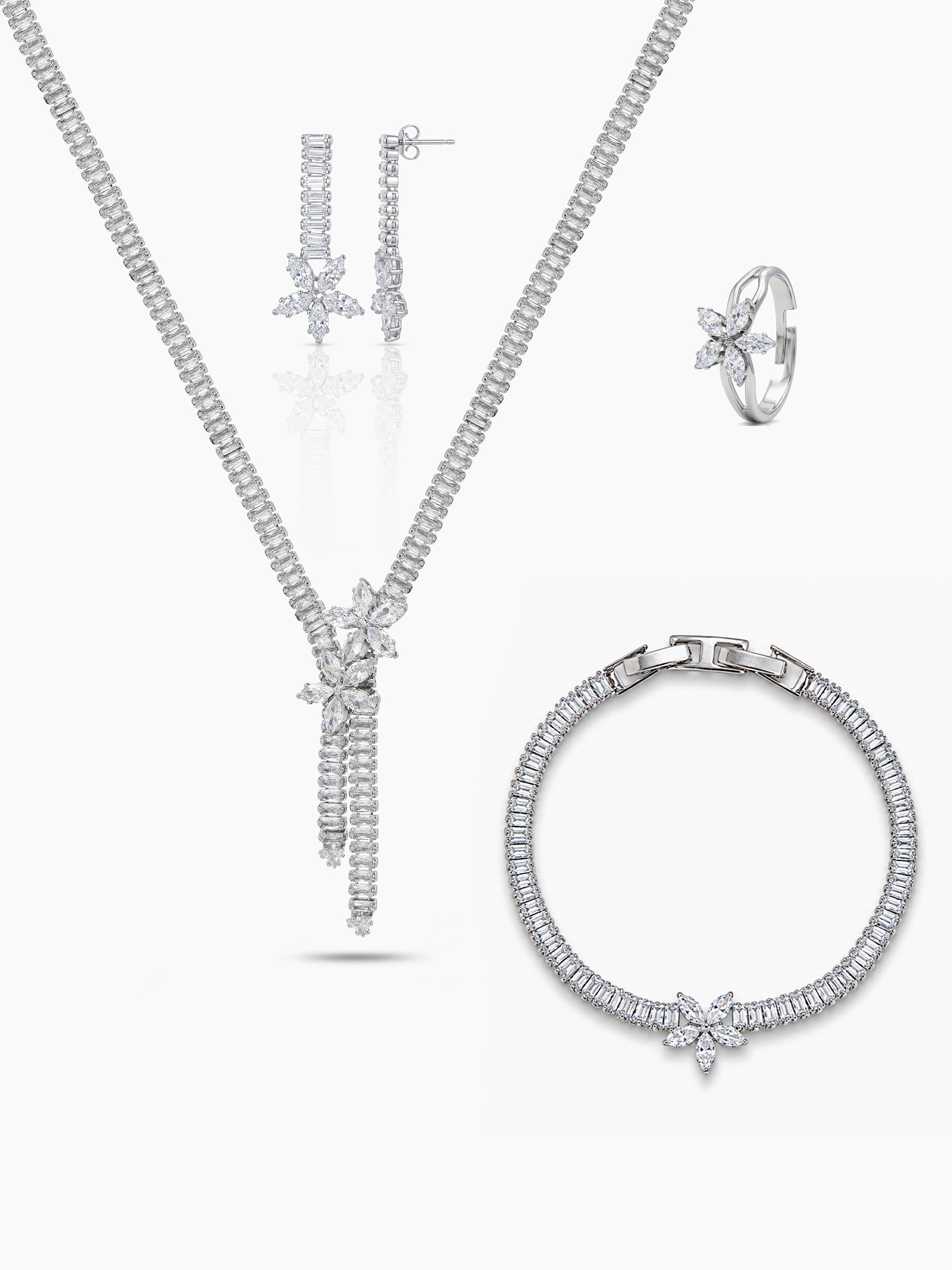 Sahira Baguette Floral Diamond Silver Women's Jewelry Set Of 4 - Necklace, Ring, Bracelet & Earrings