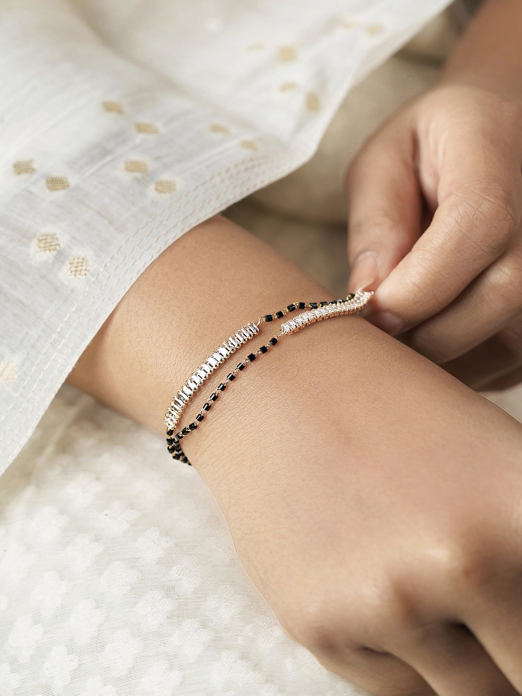 Samiha Baguette Diamond White Dual-Chain 18K Gold Plated Mangalsutra Bracelet