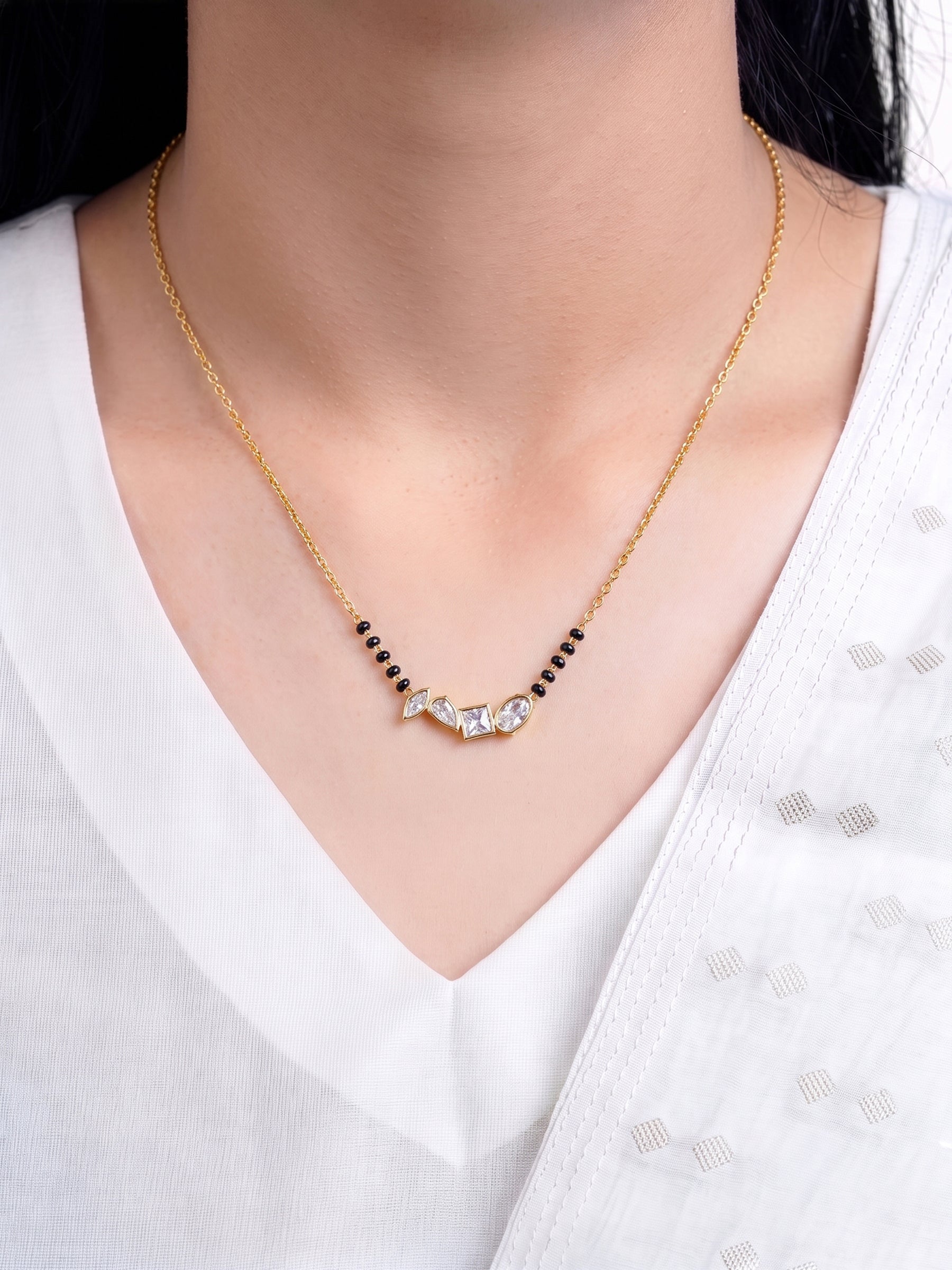 Sarila Diamond Solitaire CZ Stones Geometric, Square, Pear, Ovel, Marquaise 18K Gold Plated Cluster Mangalsutra