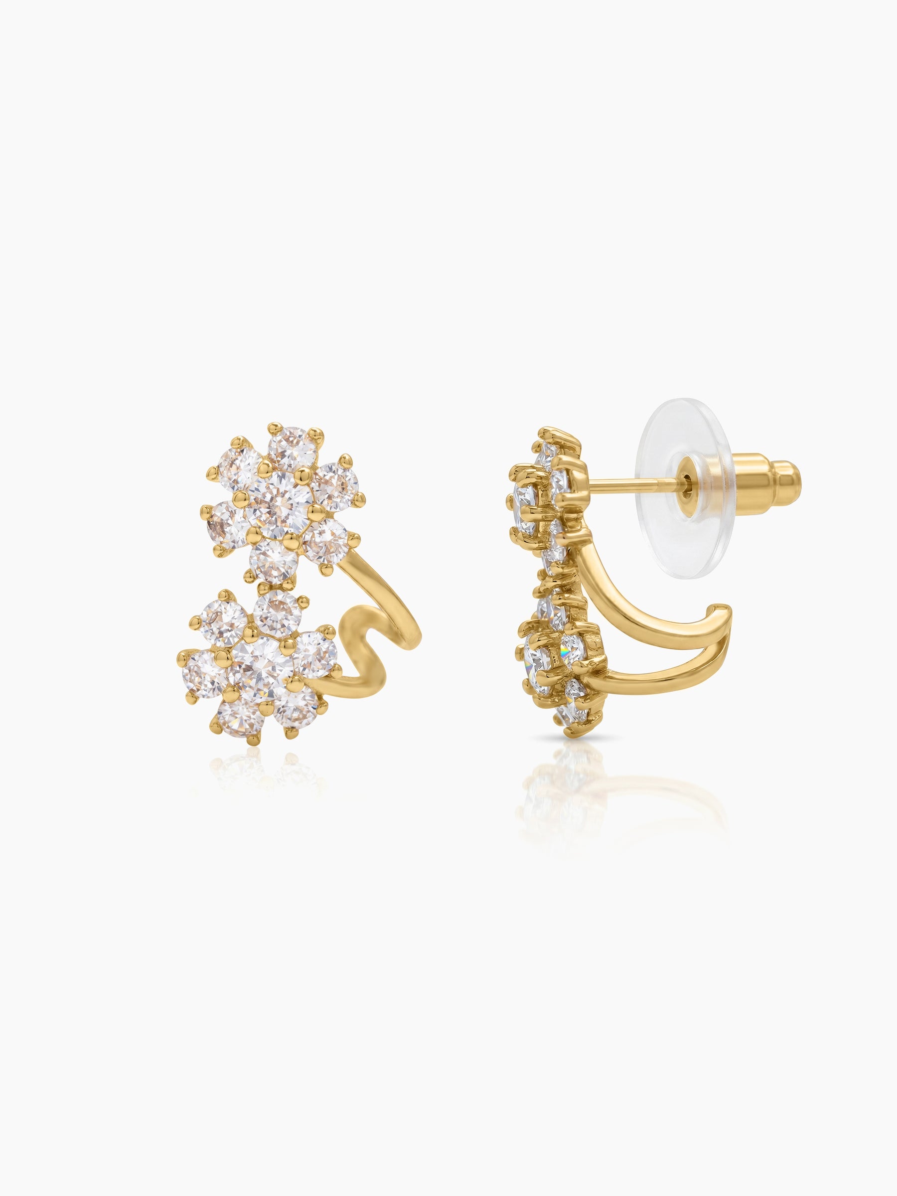 Savi Twin Diamond Floral Gold Women's Stud Earrings