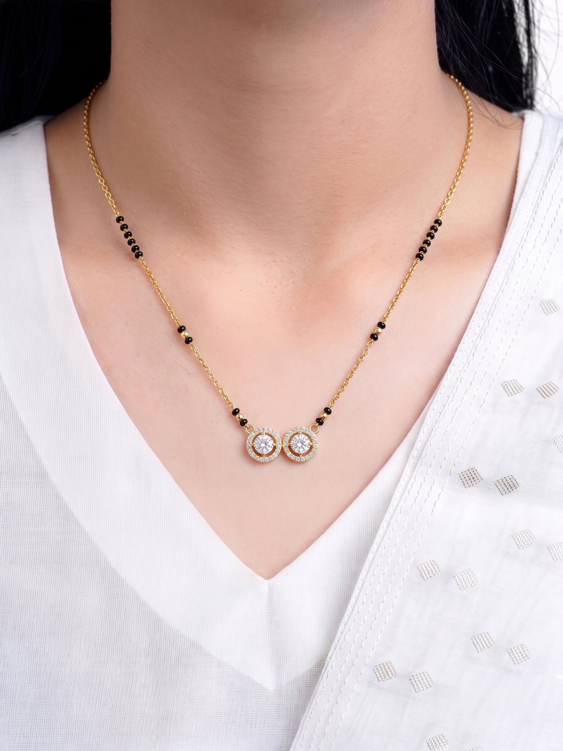 Shikha Twin Solitaire Diamond 18K Gold Plated Women's Chain Pendant Mangalsutra Necklace
