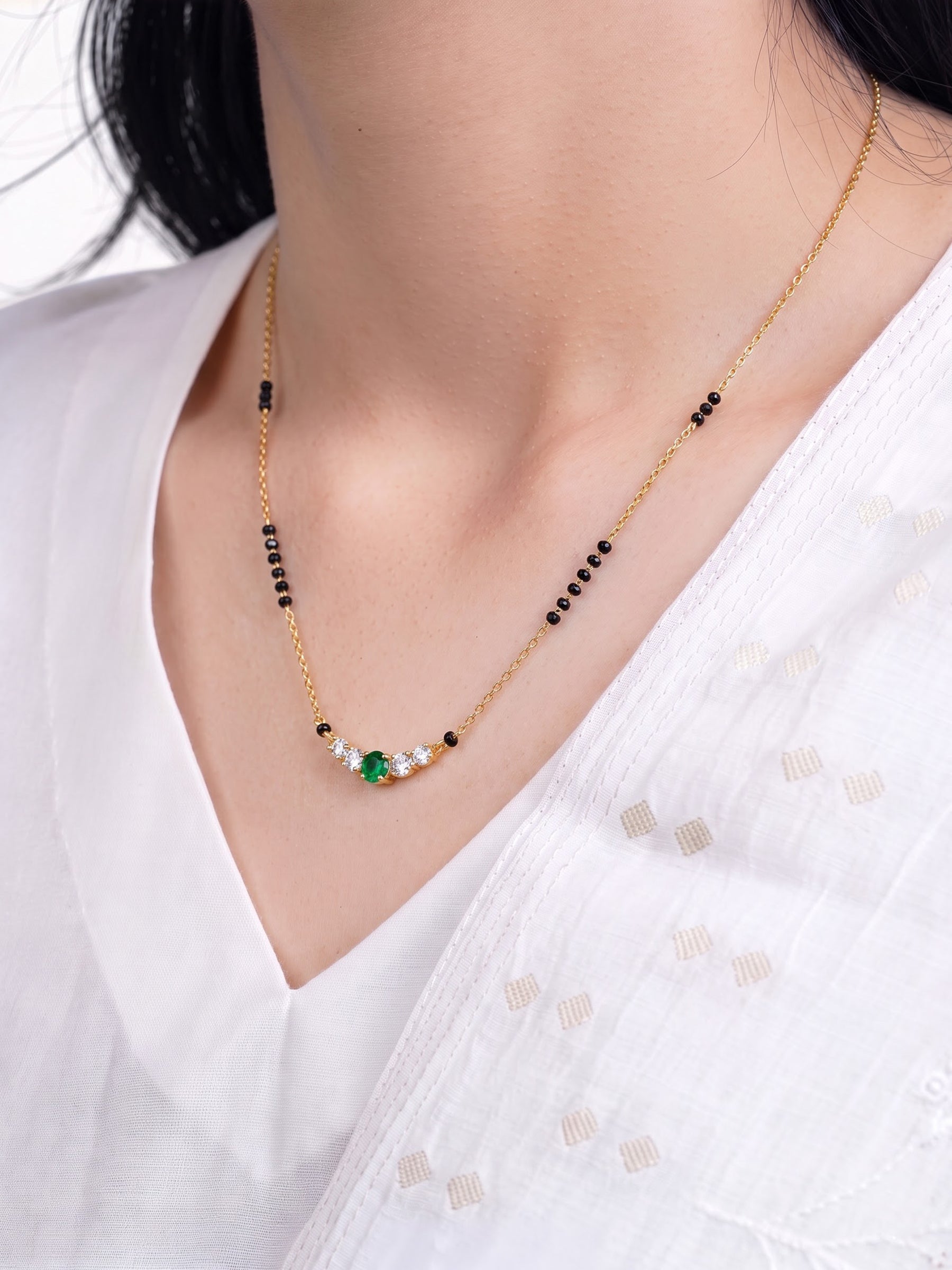 Tarika Emerald Green Stone Diamond Bar 18K Gold Plated Women's Chain Pendant Mangalsutra Necklace