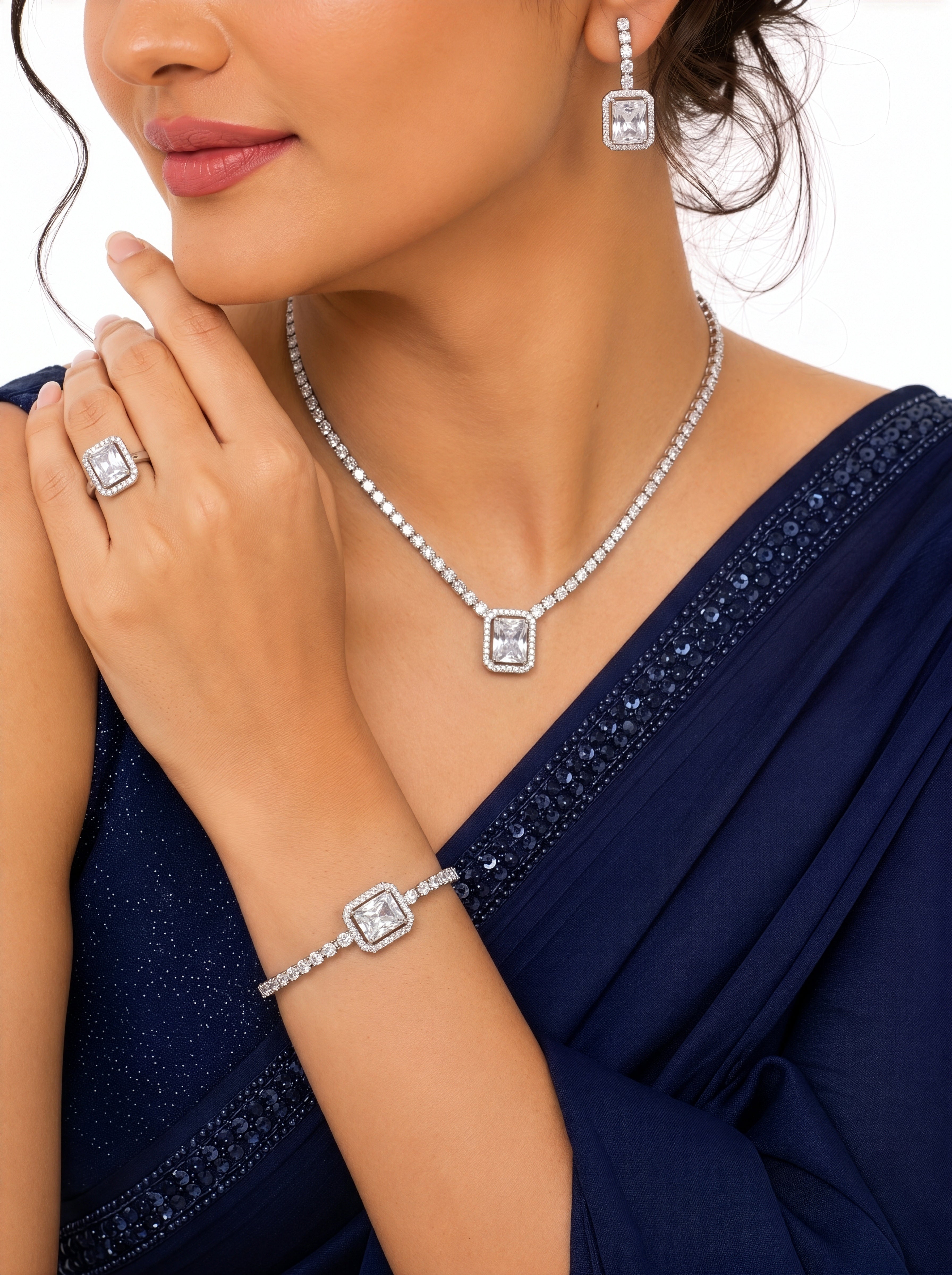 Advita Diamond Solitaire Silver Women's Jewelry Set Of 4 - Necklace, Ring, Bracelet & Earrings