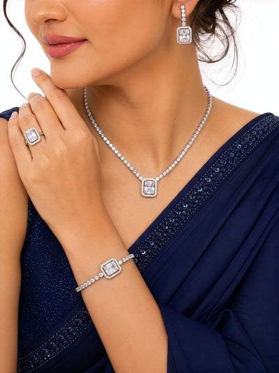 Advita Diamond Solitaire Silver Women's Jewelry Set Of 4 - Necklace, Ring, Bracelet & Earrings