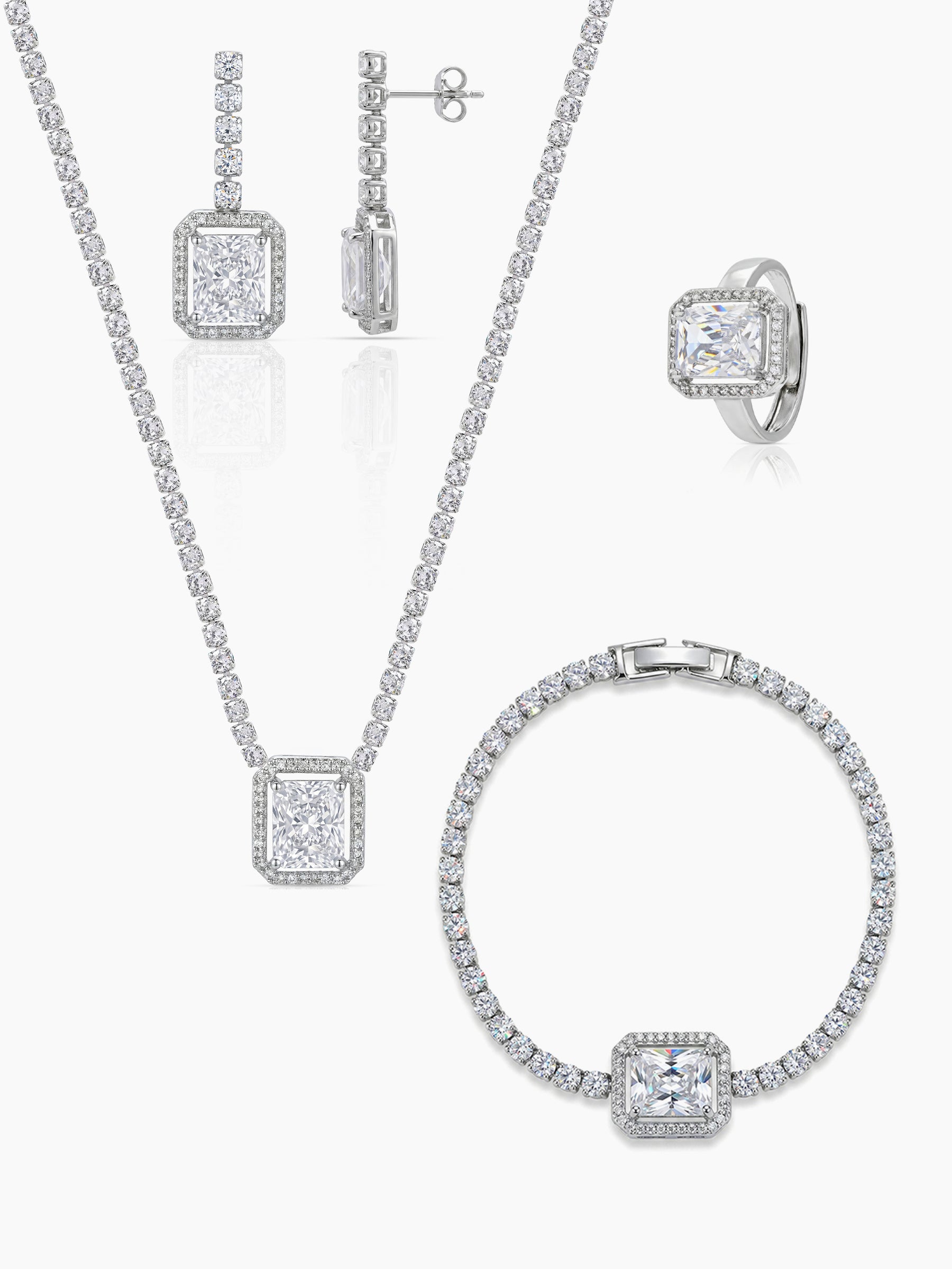 Advita Diamond Solitaire Silver Women's Jewelry Set Of 4 - Necklace, Ring, Bracelet & Earrings