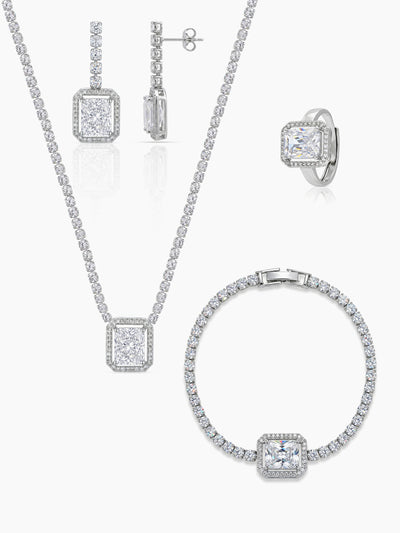 Advita Diamond Solitaire Silver Women's Jewelry Set Of 4 - Necklace, Ring, Bracelet & Earrings