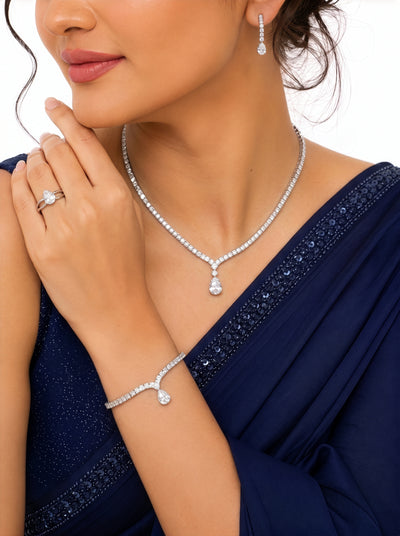 Alisha Pear Diamond Solitaire Drop Silver Women's Jewelry Set Of 4 - Necklace, Ring, Bracelet & Earrings