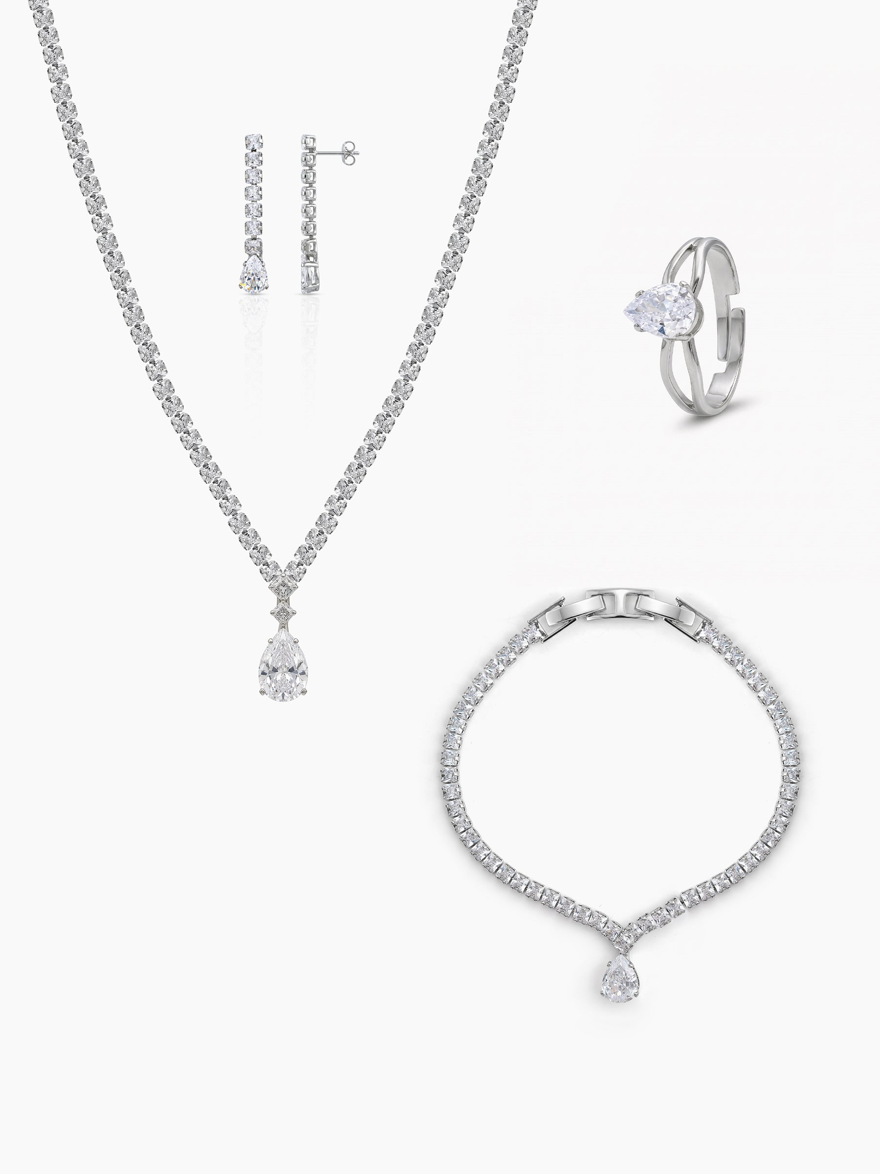 Alisha Pear Diamond Solitaire Drop Silver Women's Jewelry Set Of 4 - Necklace, Ring, Bracelet & Earrings