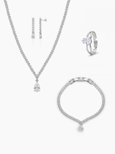 Alisha Pear Diamond Solitaire Drop Silver Women's Jewelry Set Of 4 - Necklace, Ring, Bracelet & Earrings