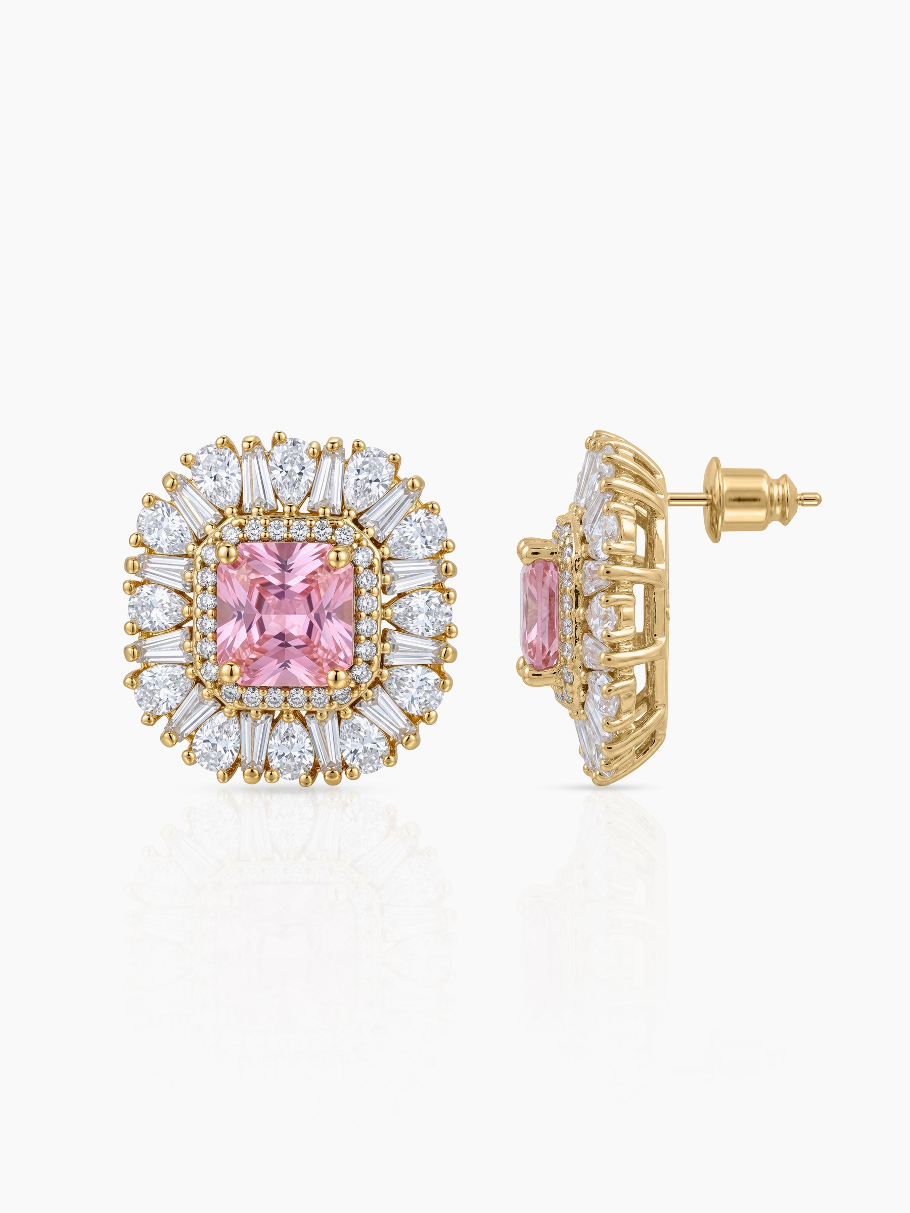 Anusha Square Baguette Diamond Pink - Gold Women's Jewelry Set Of 2 - Necklace & Earrings