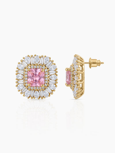 Anusha Square Baguette Diamond Pink - Gold Women's Jewelry Set Of 2 - Necklace & Earrings