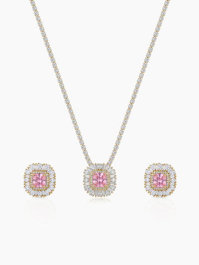 Anusha Square Baguette Diamond Pink - Gold Women's Jewelry Set Of 2 - Necklace & Earrings