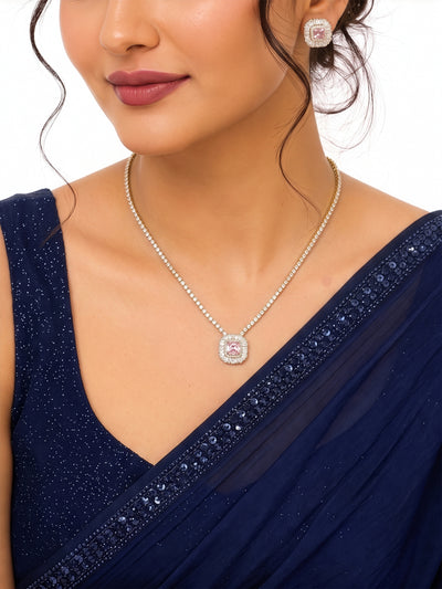 Anusha Square Baguette Diamond Pink - Gold Women's Jewelry Set Of 2 - Necklace & Earrings
