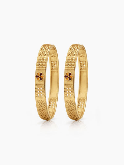 Apsara Texture, Red Flower Grid Gold Set Of 2 Women's 2/4, 2/6, 2/8  Bangles 