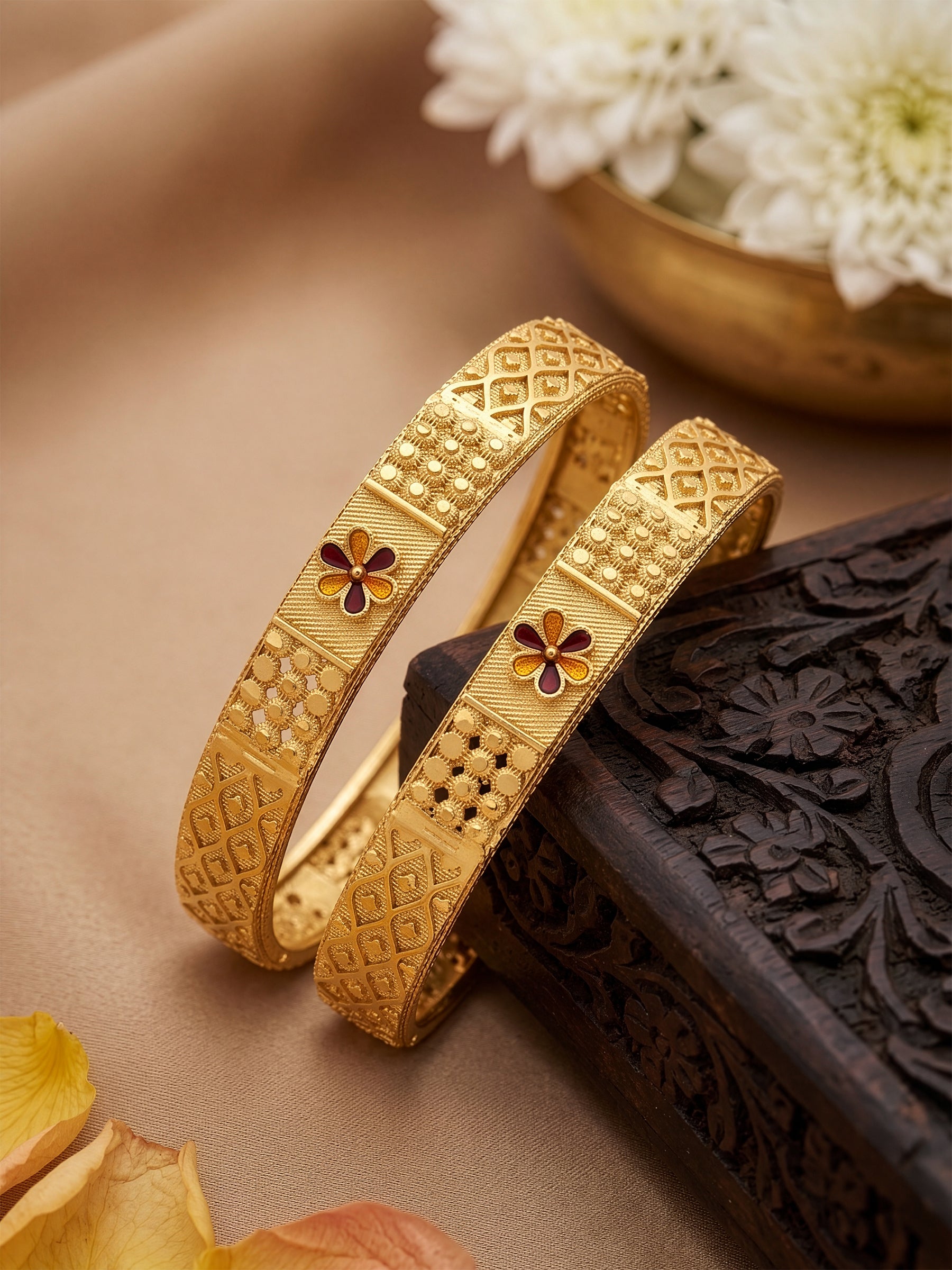 Apsara Texture, Red Flower Grid Gold Set Of 2 Women's 2/4, 2/6, 2/8  Bangles 