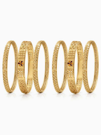 Apsara Texture, Red Flower Grid Gold Set Of 6 Women's 2/4, 2/6, 2/8  Bangles 