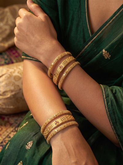 Apsara Texture, Red Flower Grid Gold Set Of 6 Women's 2/4, 2/6, 2/8  Bangles 