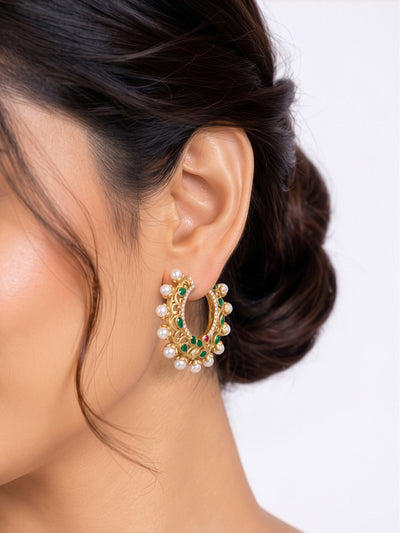 Arka Pearl Emerald Gold Women's Hoop Earrings