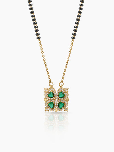 Emerald Shiny Clover Diamond Solitaire Green Heart Charm 18K Gold Plated Mangalsutra