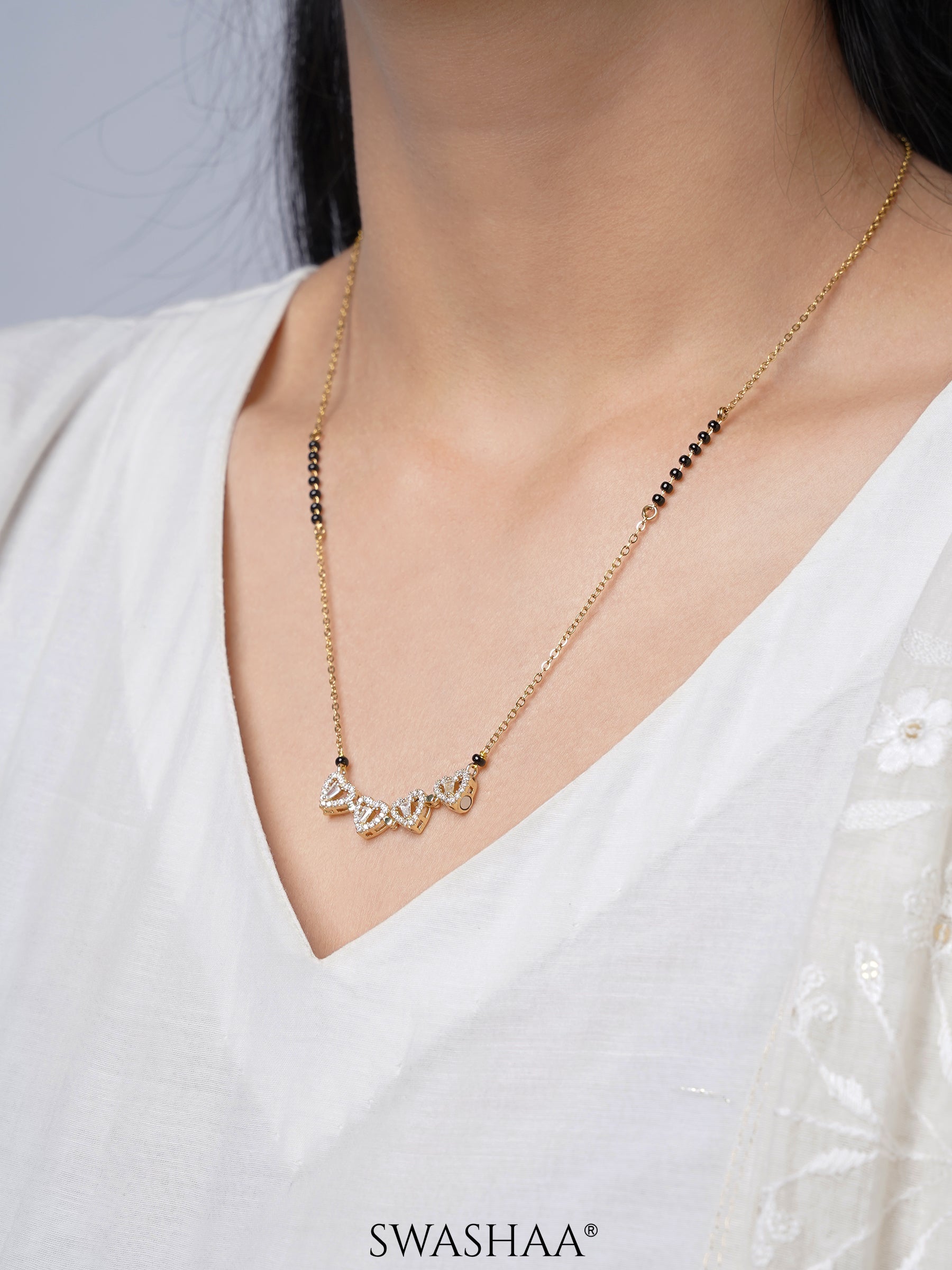 Gleaming Clover Diamond Heart 18K Gold Plated Pendant Mangalsutra