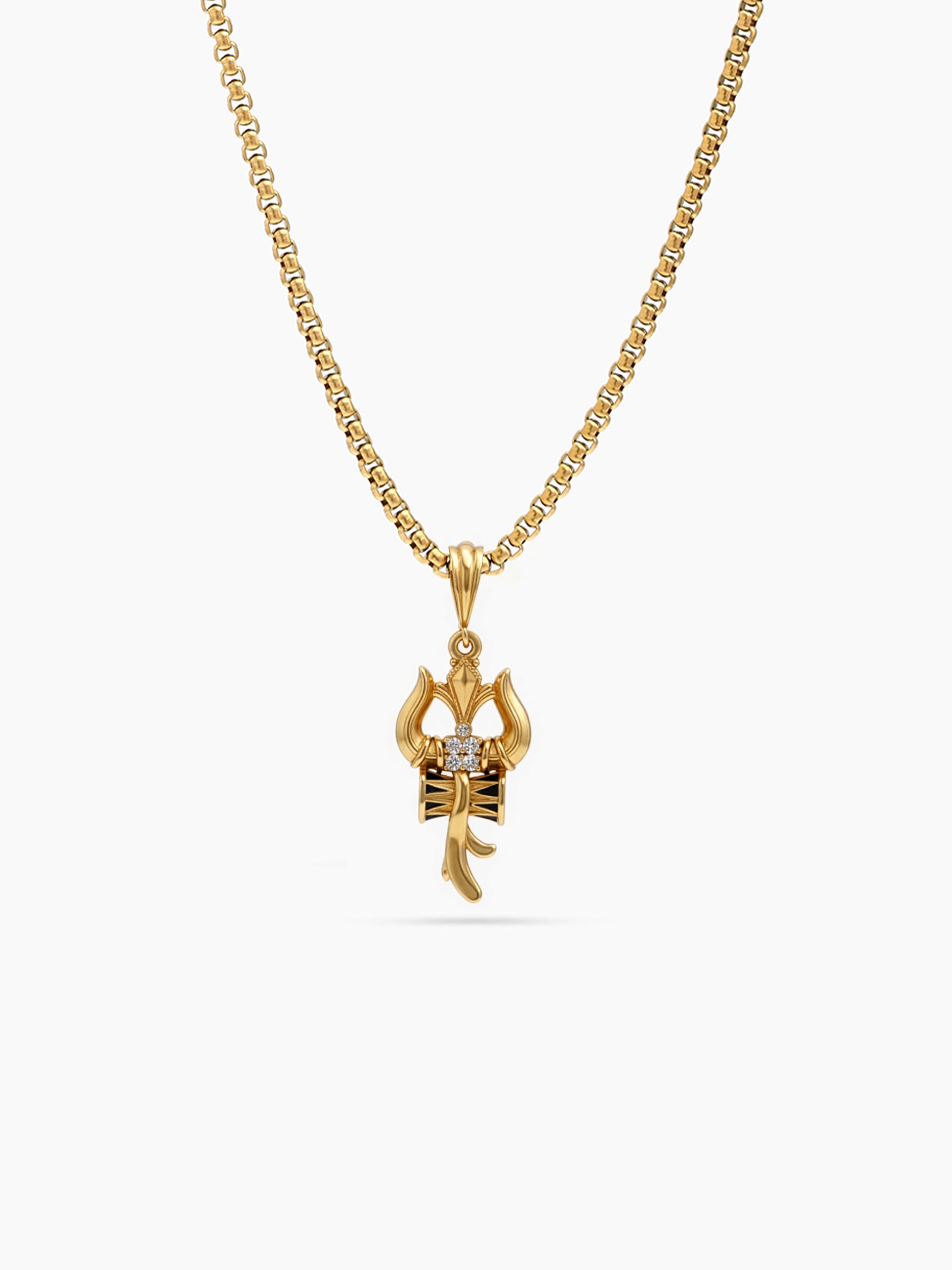 Harshiv Trishul Damaru Diamond Gold Men's Box Chain Pendants Necklace