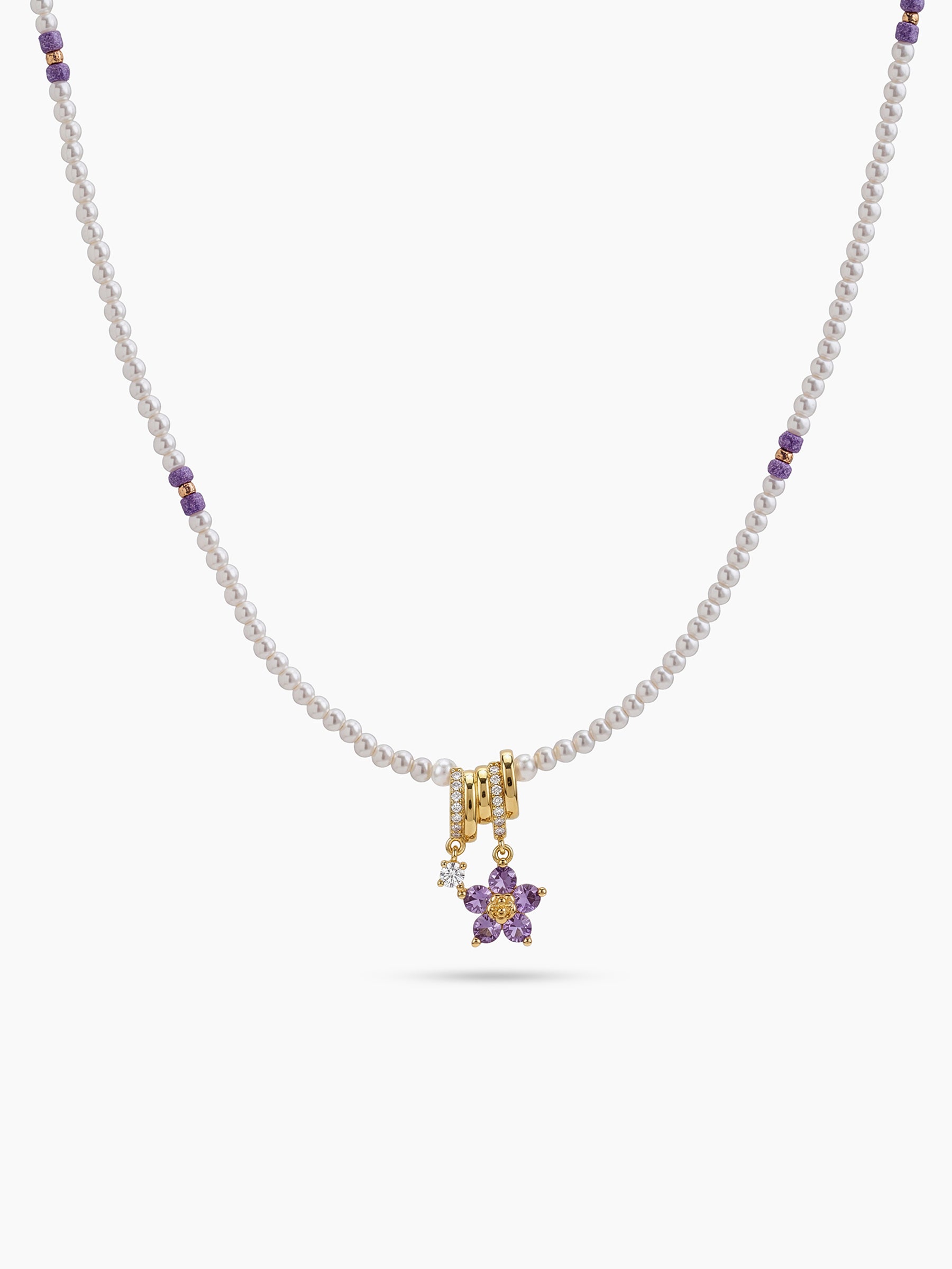 Heer Purple Floral Diamond Charm Beaded Pearl Gold Women's Necklace