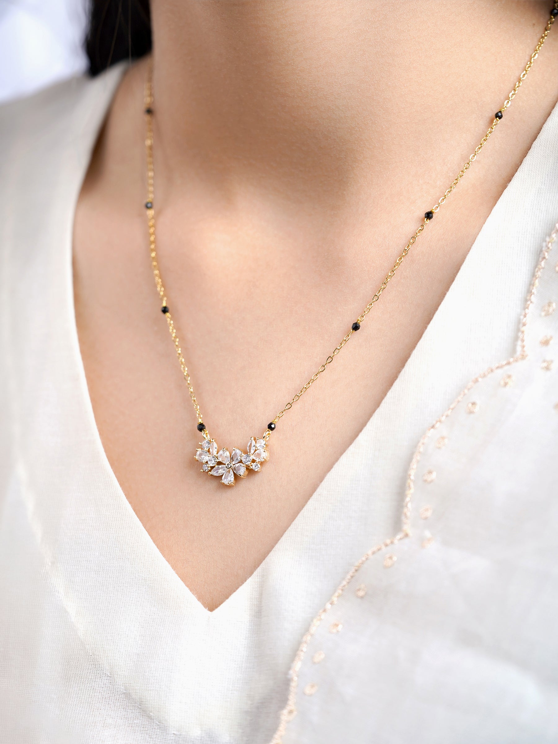 Inaaya Floral Shaped Diamond Cluster 18K Gold Plated Pendant Mangalsutra