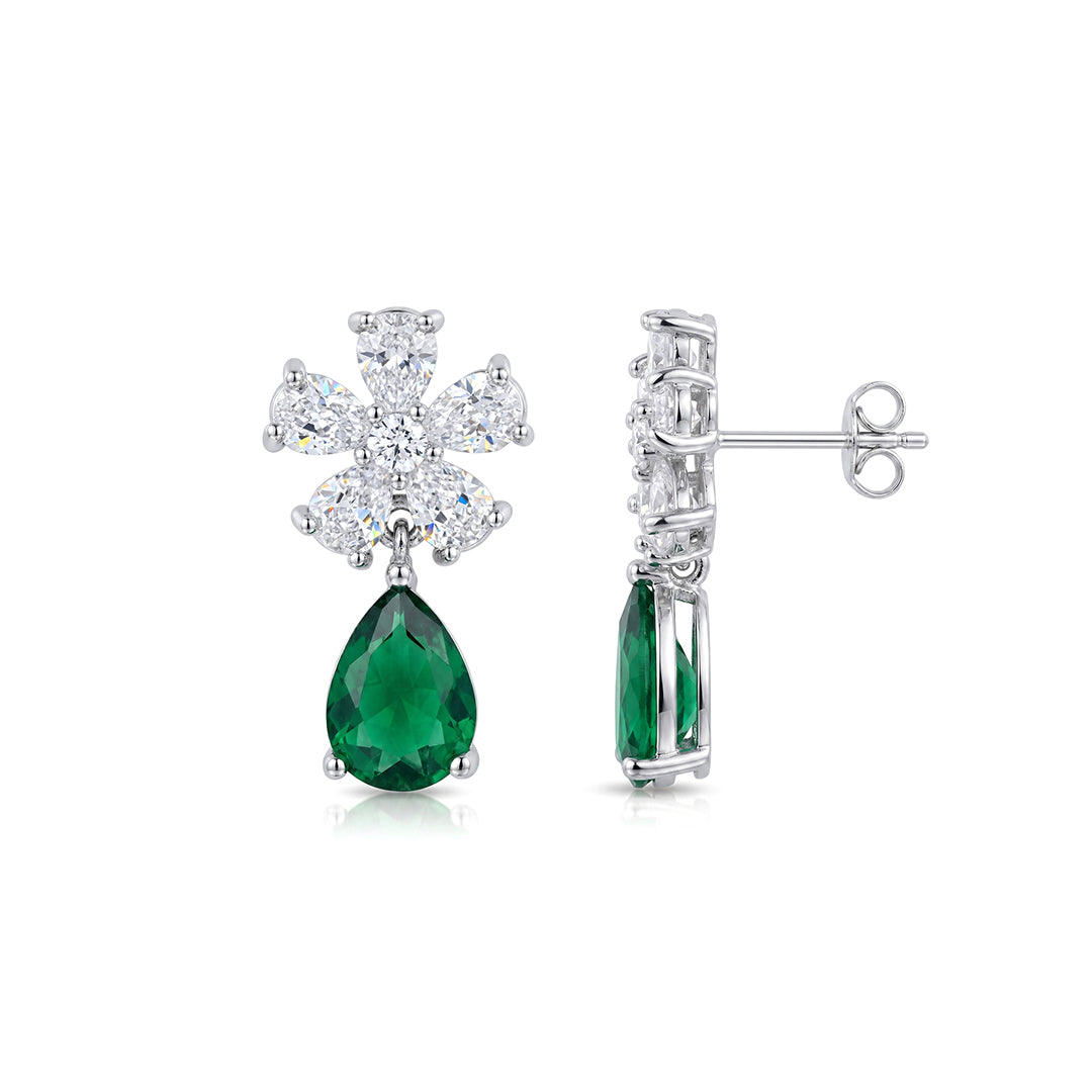 Ishita Bloom Drop Diamond Green - Silver Women's Jewelry Set Of 2 - Necklace & Earrings